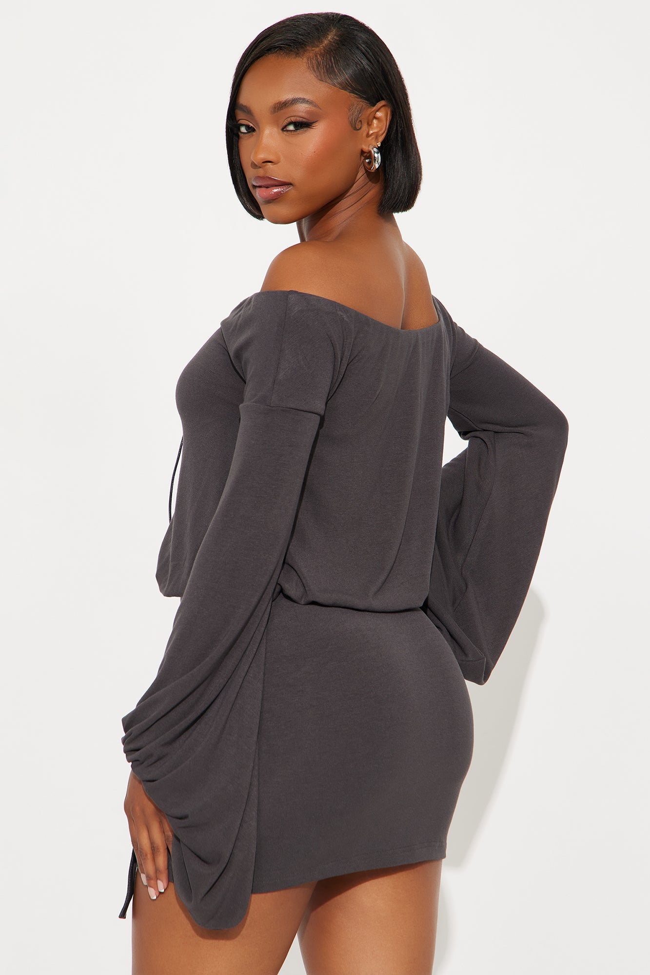 Tied To You Off Shoulder Skirt Set - Charcoal 