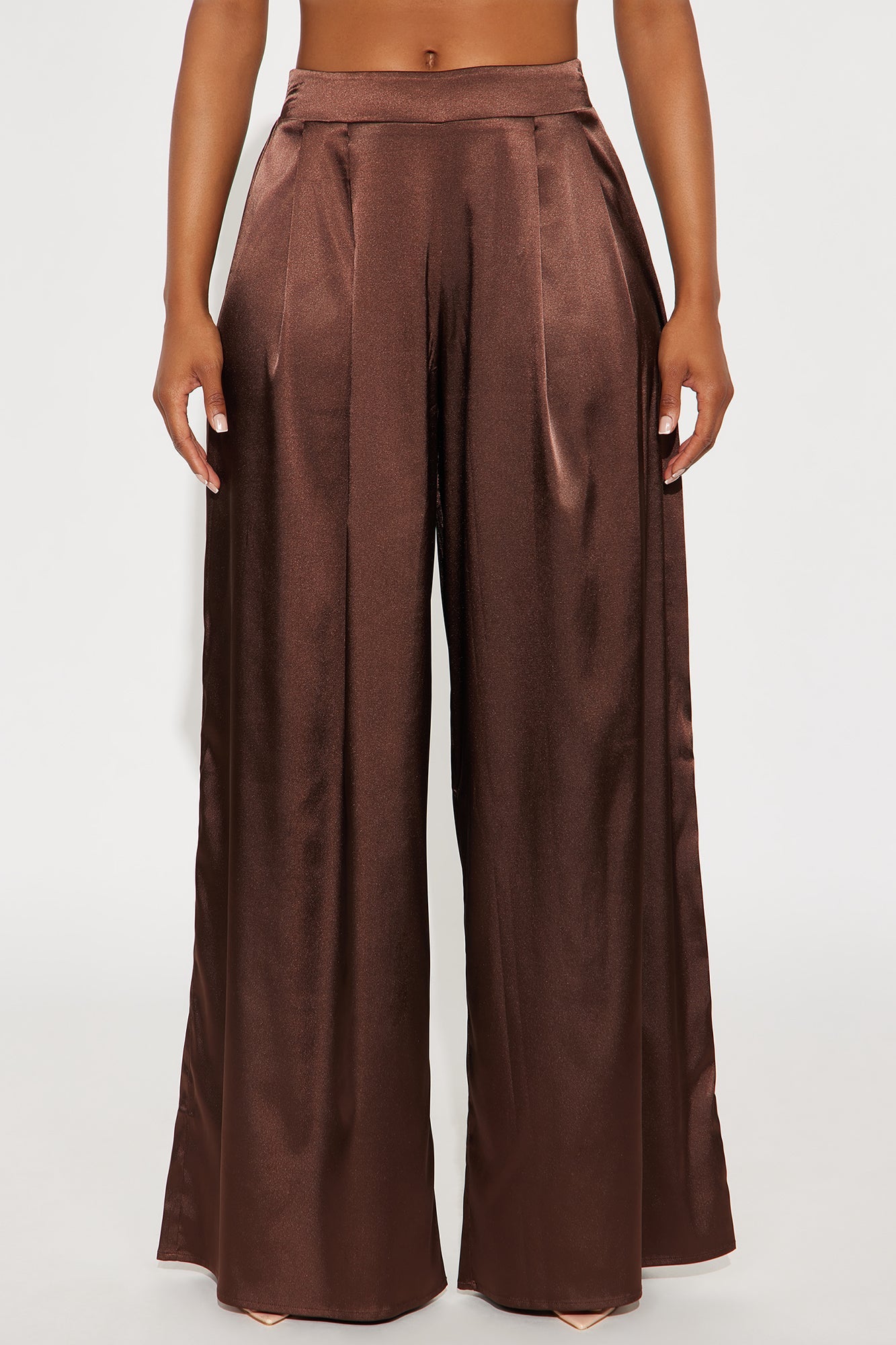 First Class Wide Leg Satin Pant 32″ - Chocolate 