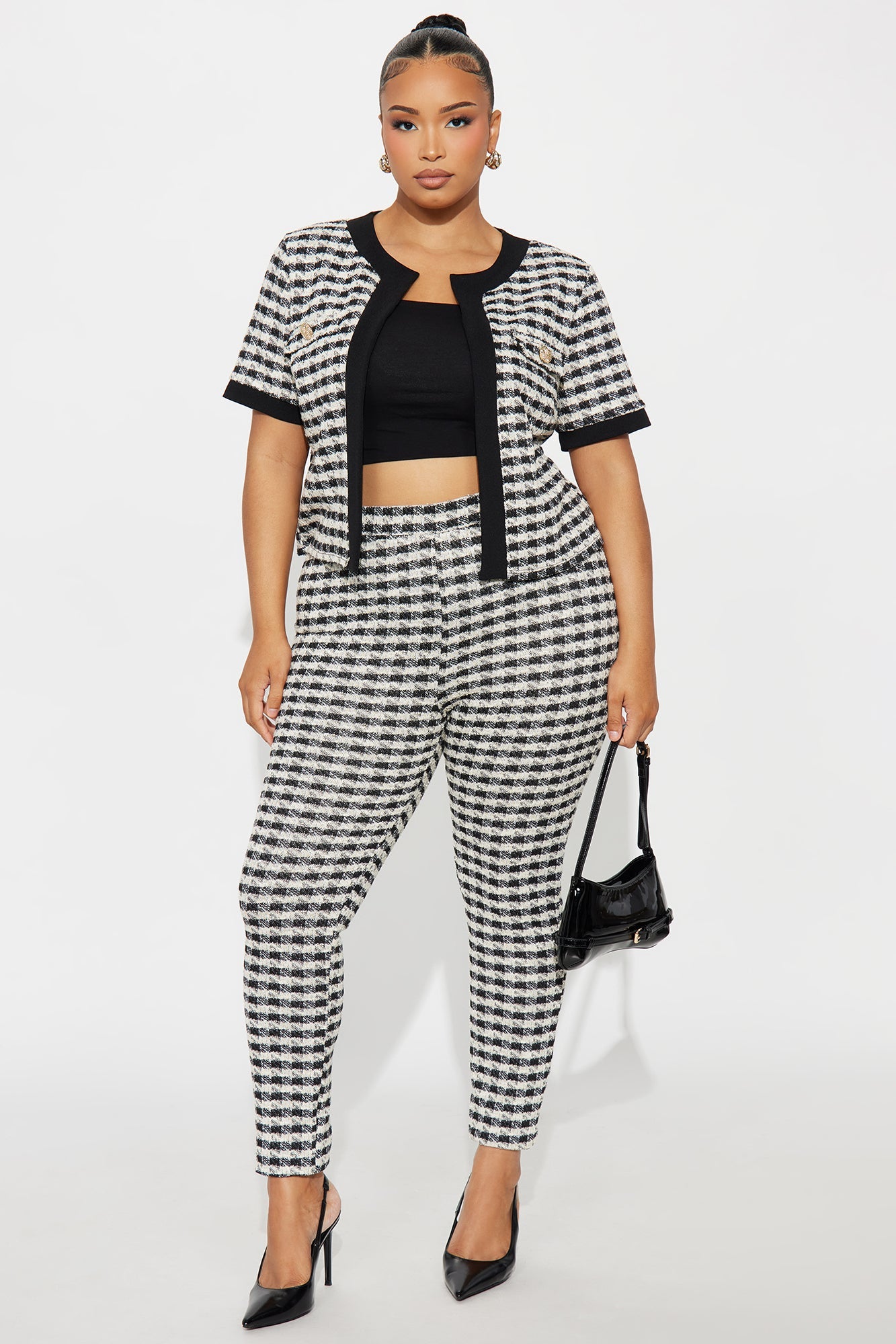 Delanie Short Sleeve Knit Tweed Pant Set - Black/White 
