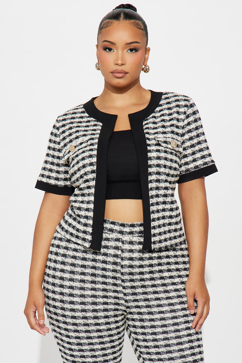 Delanie Short Sleeve Knit Tweed Pant Set - Black/White 