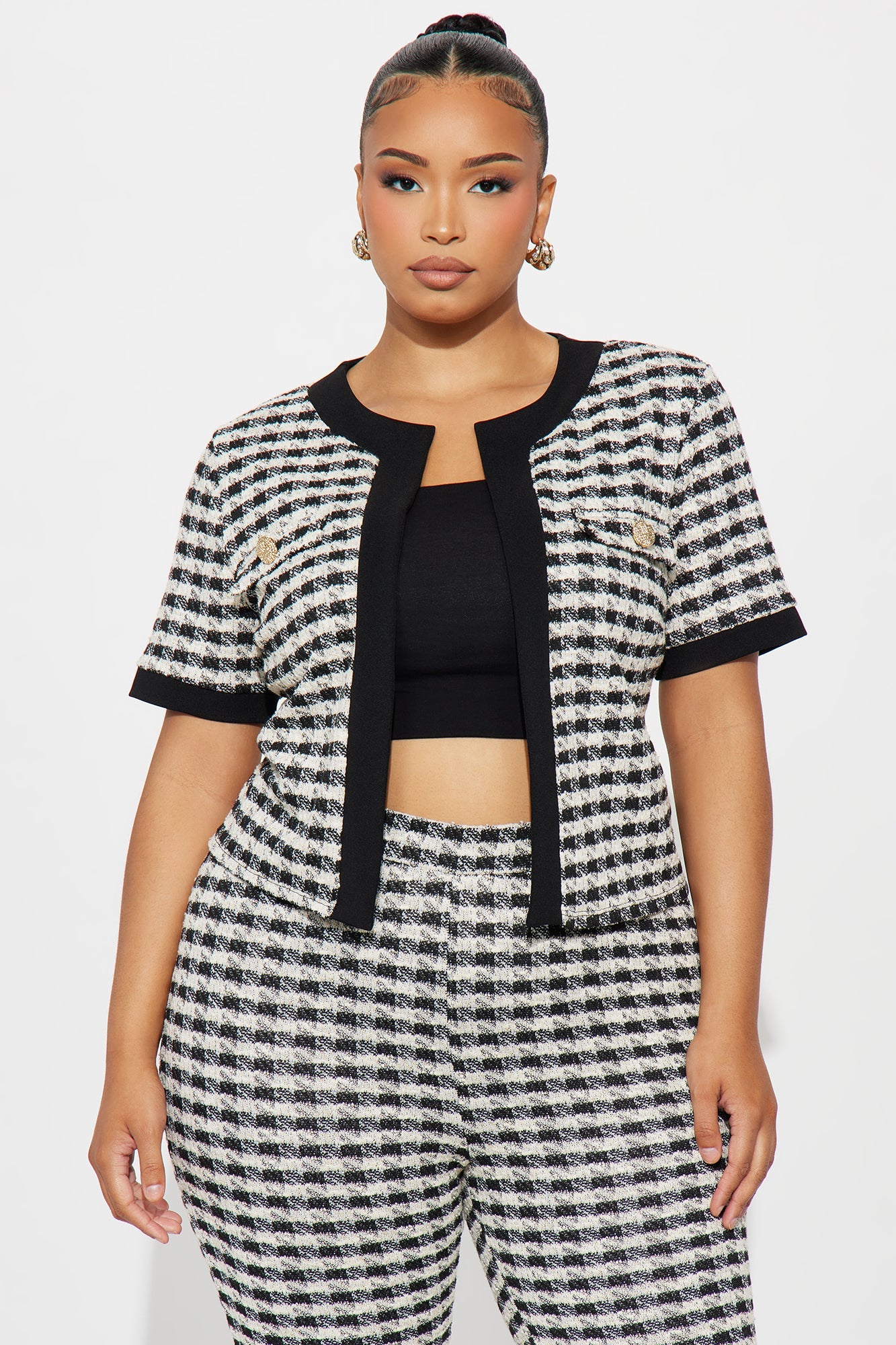 Delanie Short Sleeve Knit Tweed Pant Set - Black/White 