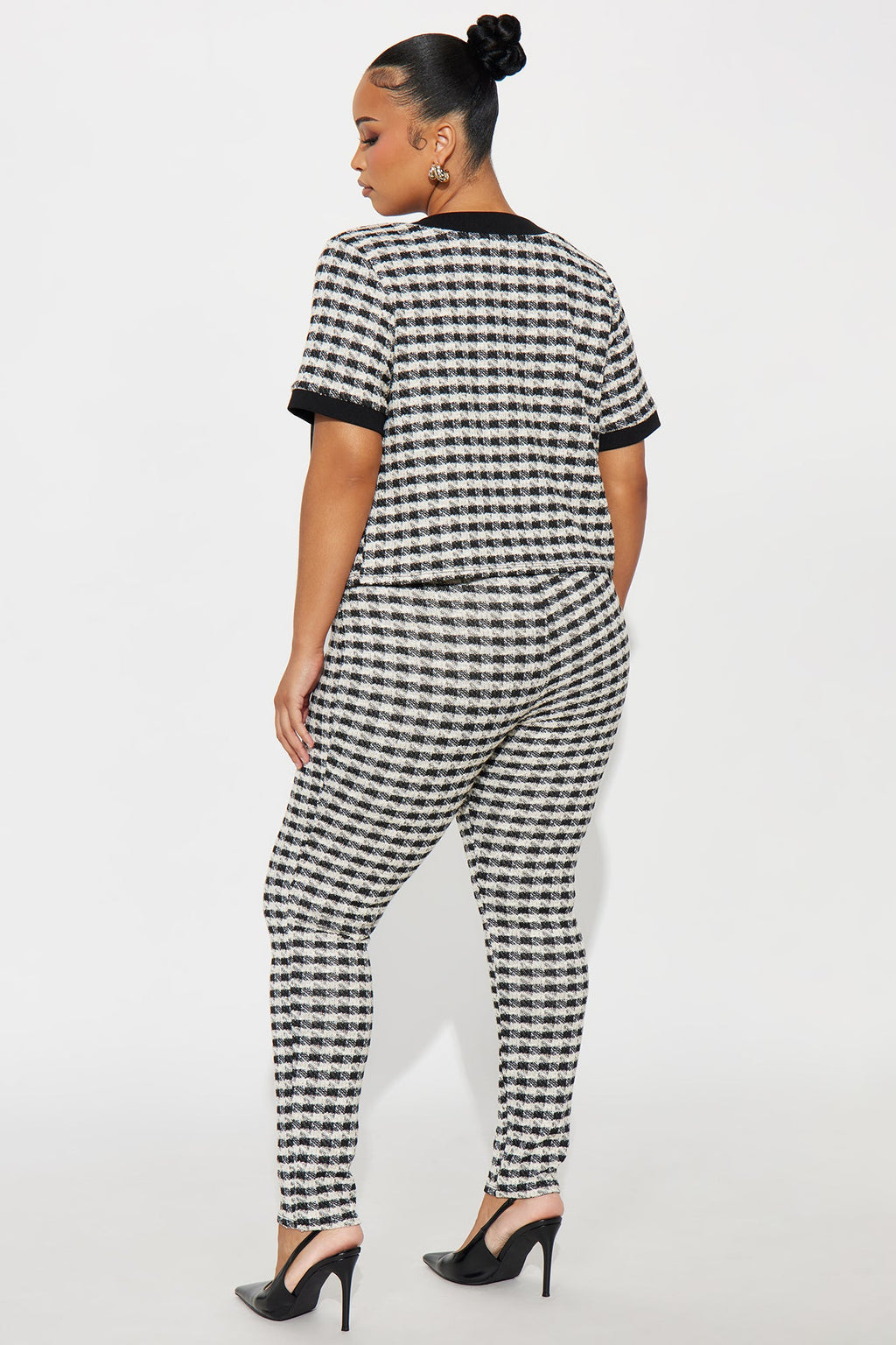 Delanie Short Sleeve Knit Tweed Pant Set - Black/White 