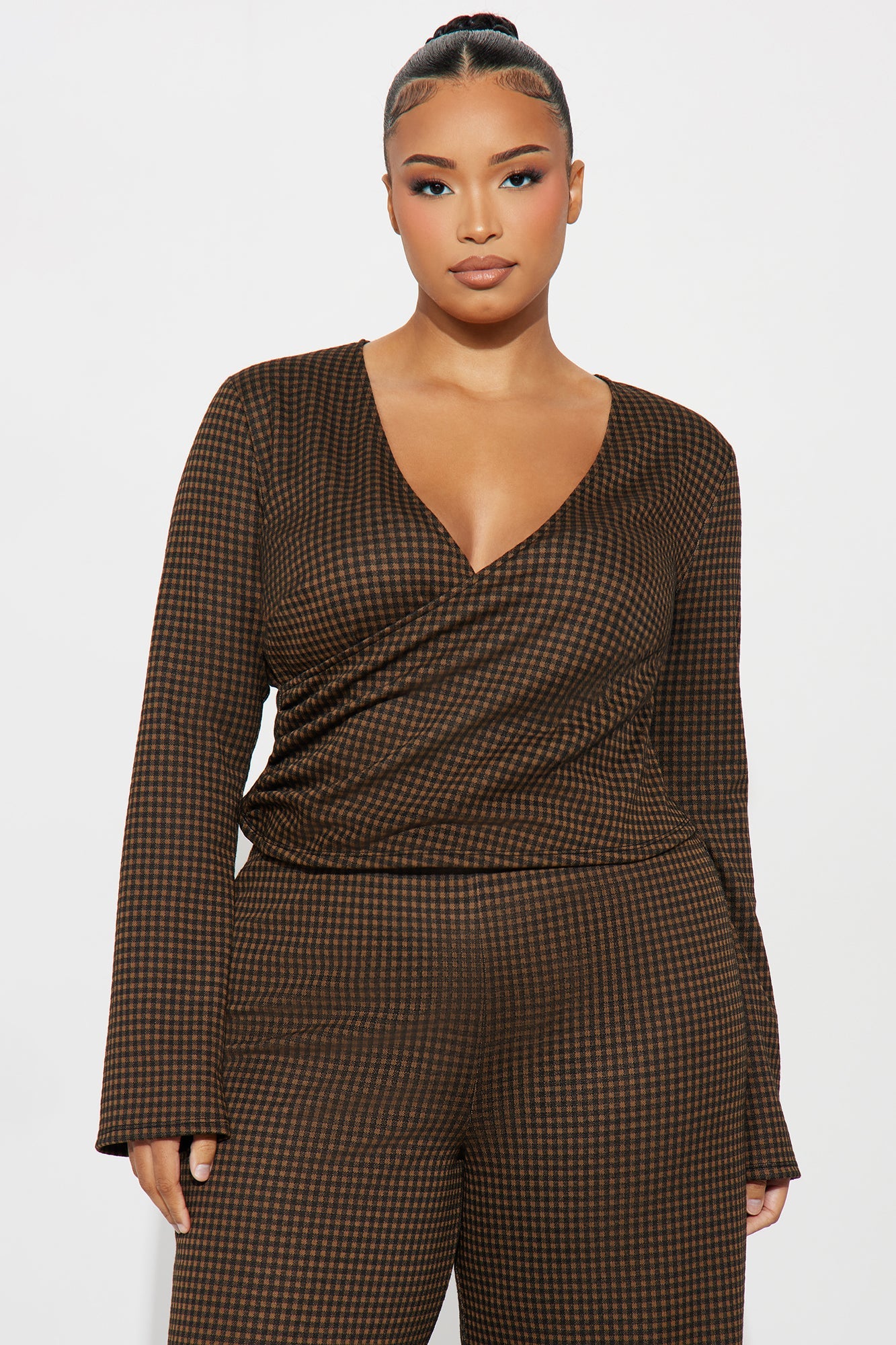 Ashton Surplice Plaid Pant Set - Brown Combo