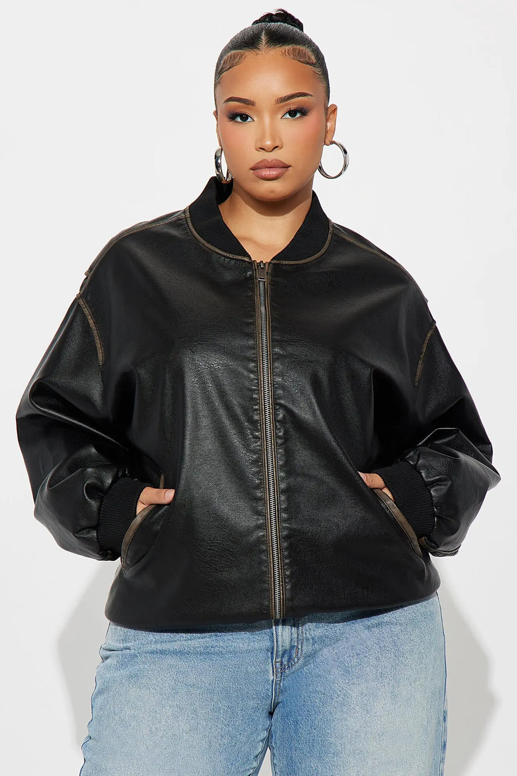 Adriana Faux Leather Bomber Jacket - Black 