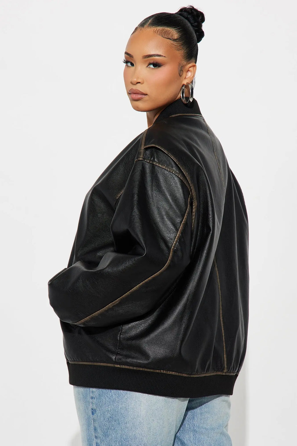 Adriana Faux Leather Bomber Jacket - Black 