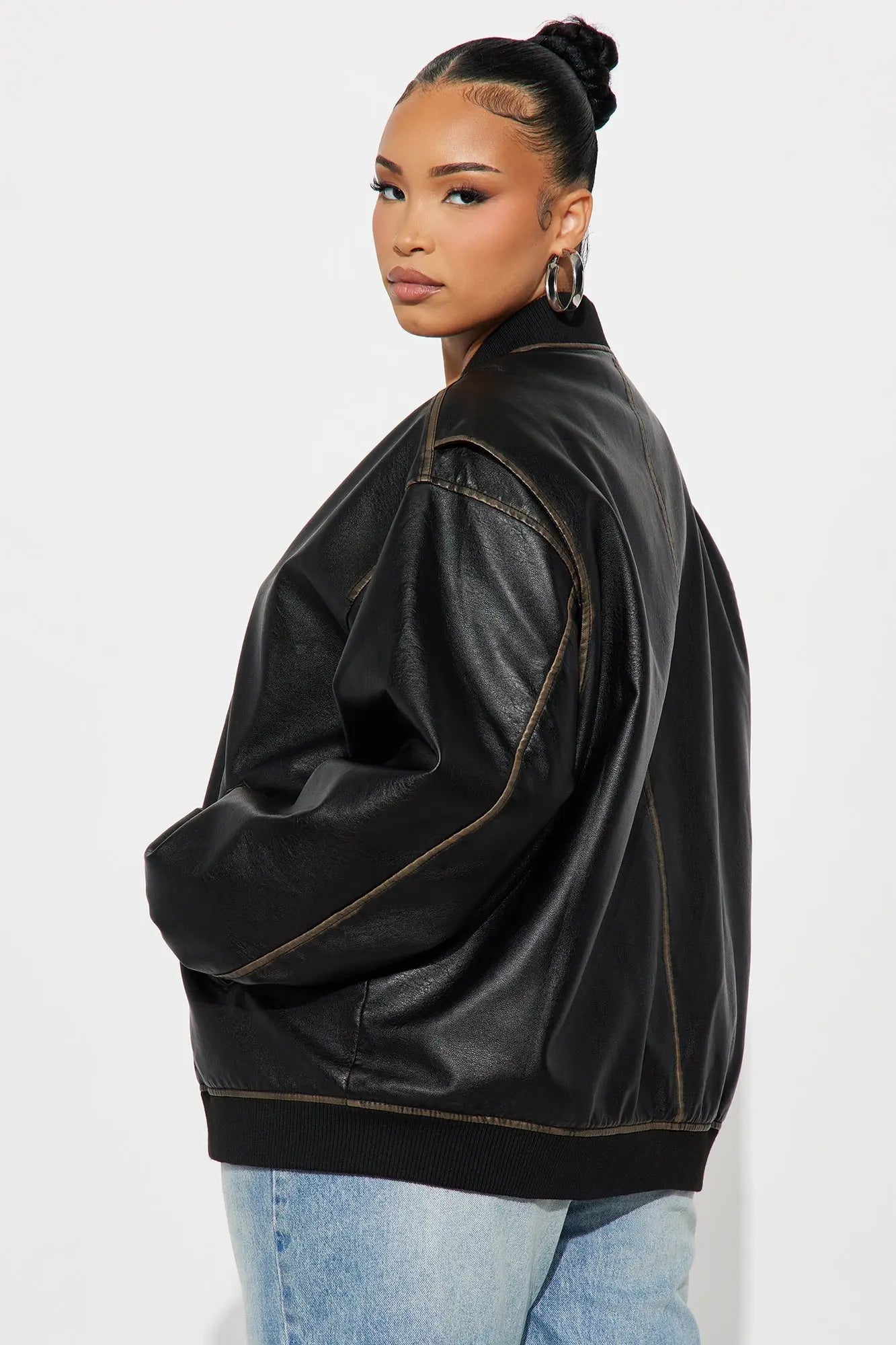 Adriana Faux Leather Bomber Jacket - Black 