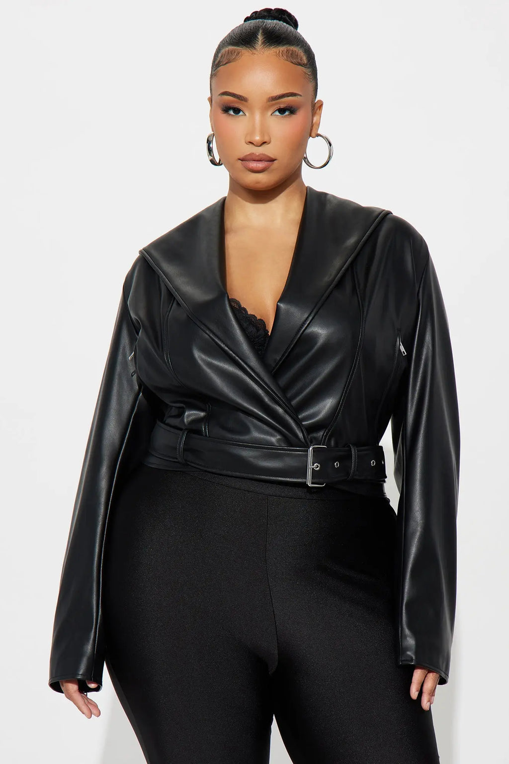Rebel Hooded Faux Leather Moto Jacket - Black 