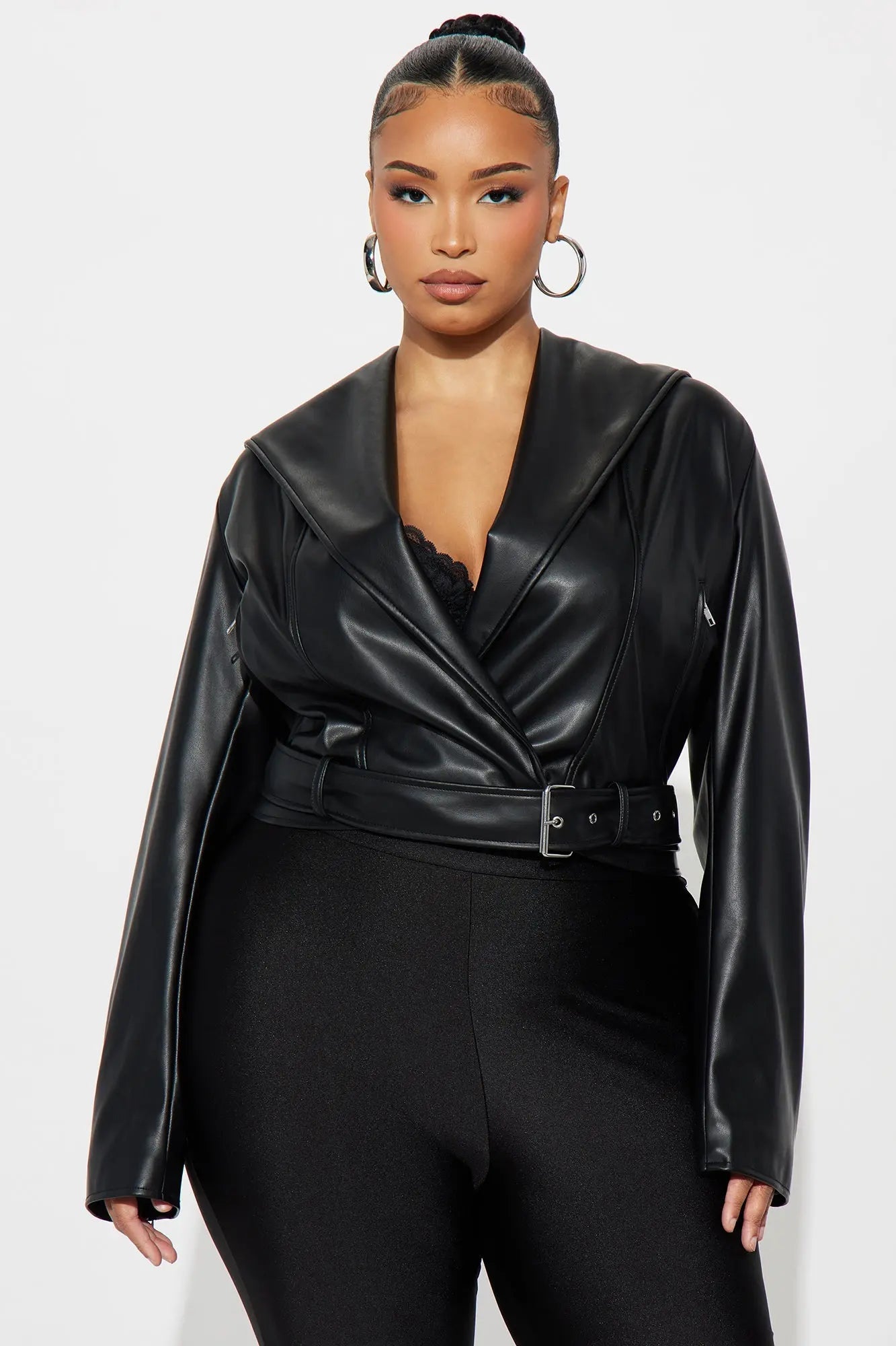 Rebel Hooded Faux Leather Moto Jacket - Black 