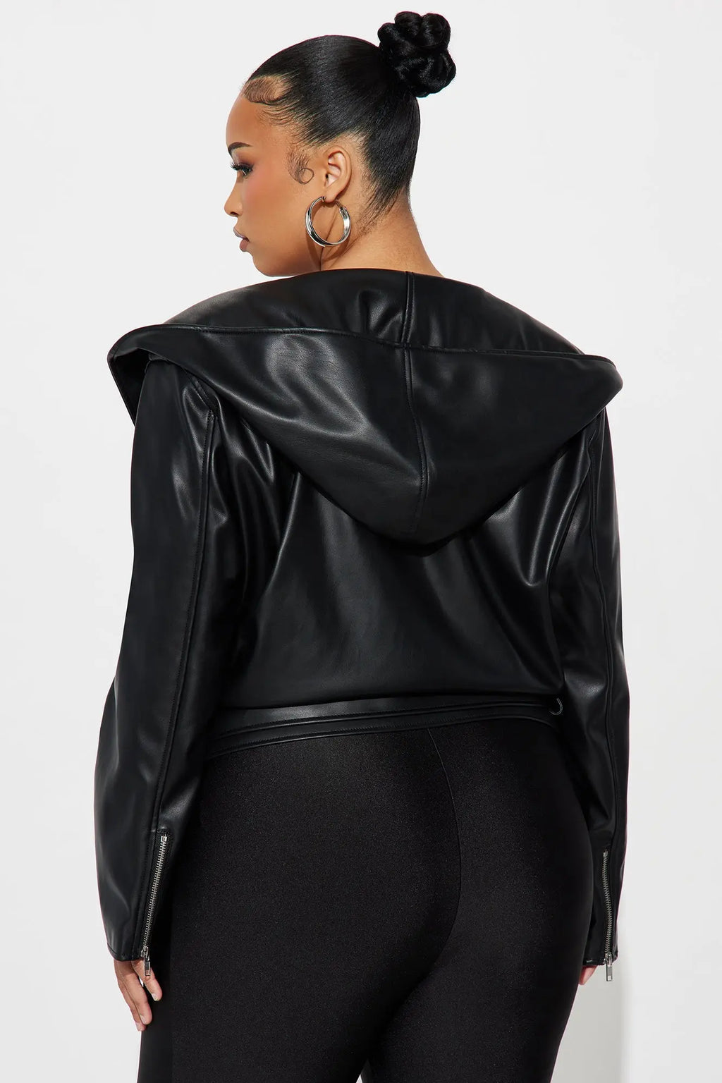 Rebel Hooded Faux Leather Moto Jacket - Black 