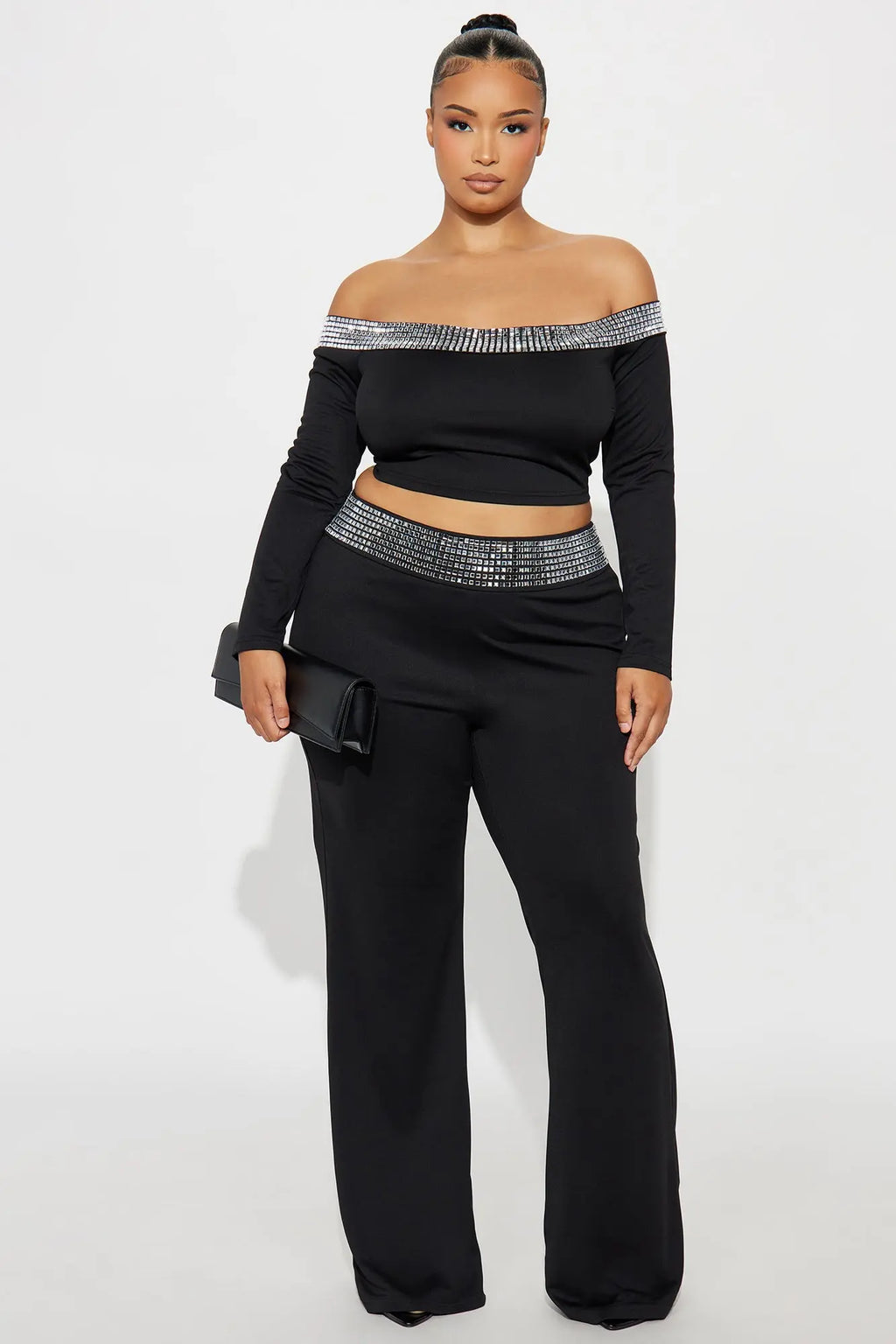 Make You Smile Rhinestone Trim Pant Set - Black 