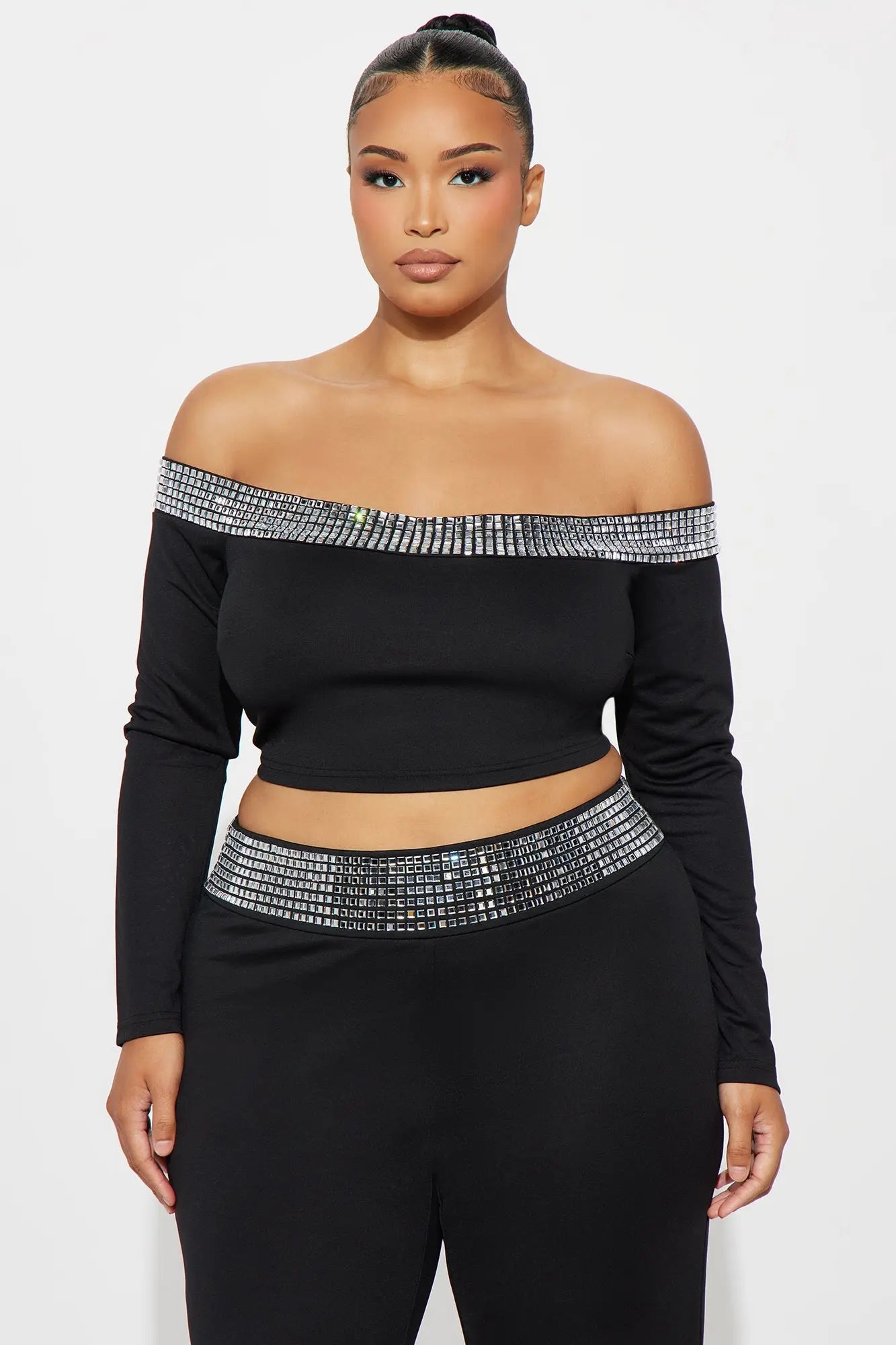 Make You Smile Rhinestone Trim Pant Set - Black 