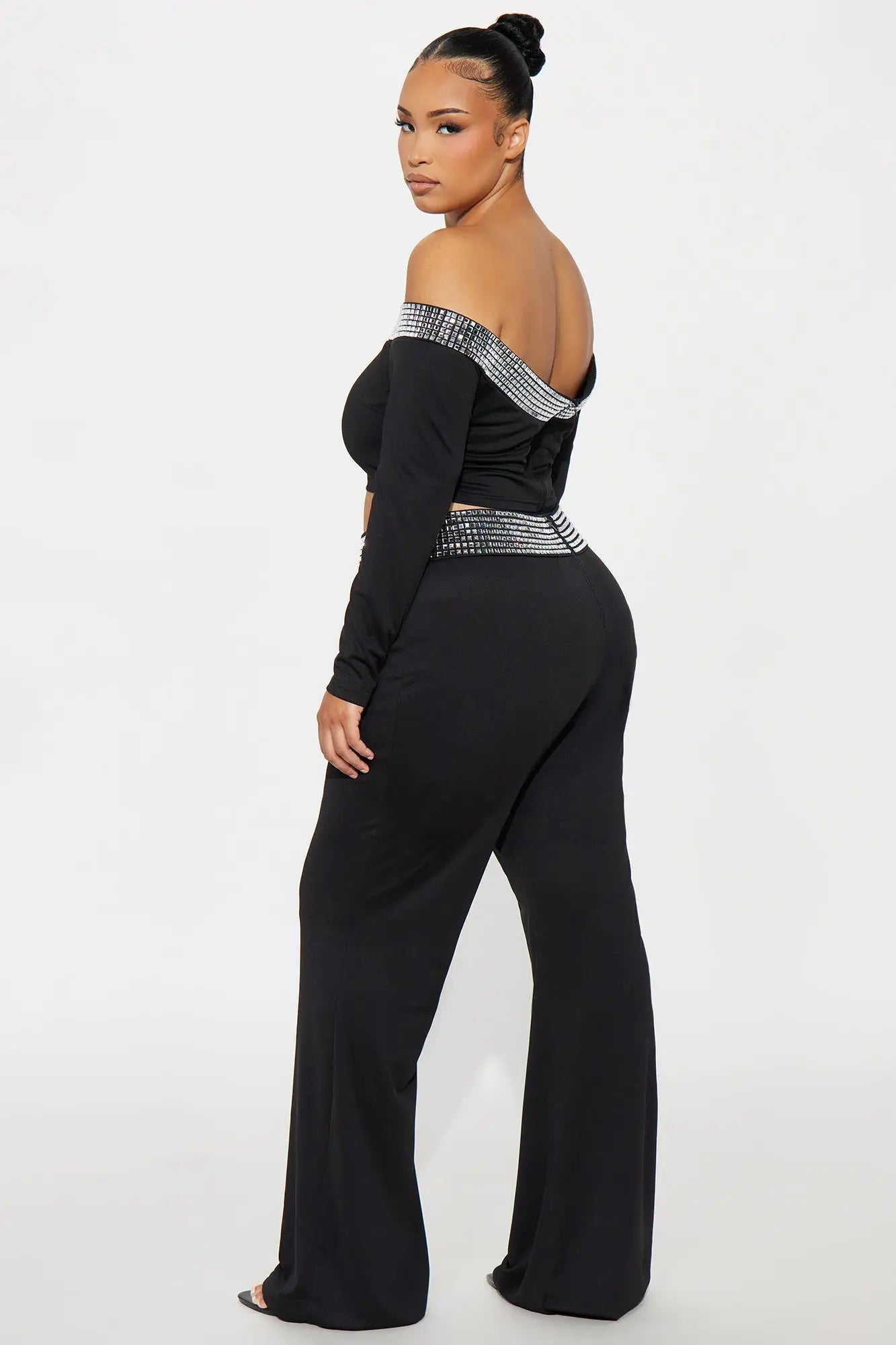 Make You Smile Rhinestone Trim Pant Set - Black 