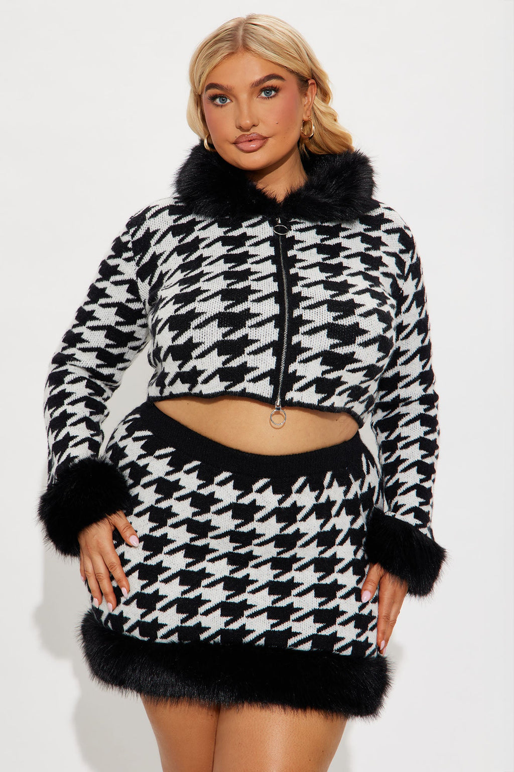 Cher Fur Trim Cardigan Sweater Skirt Set - Black