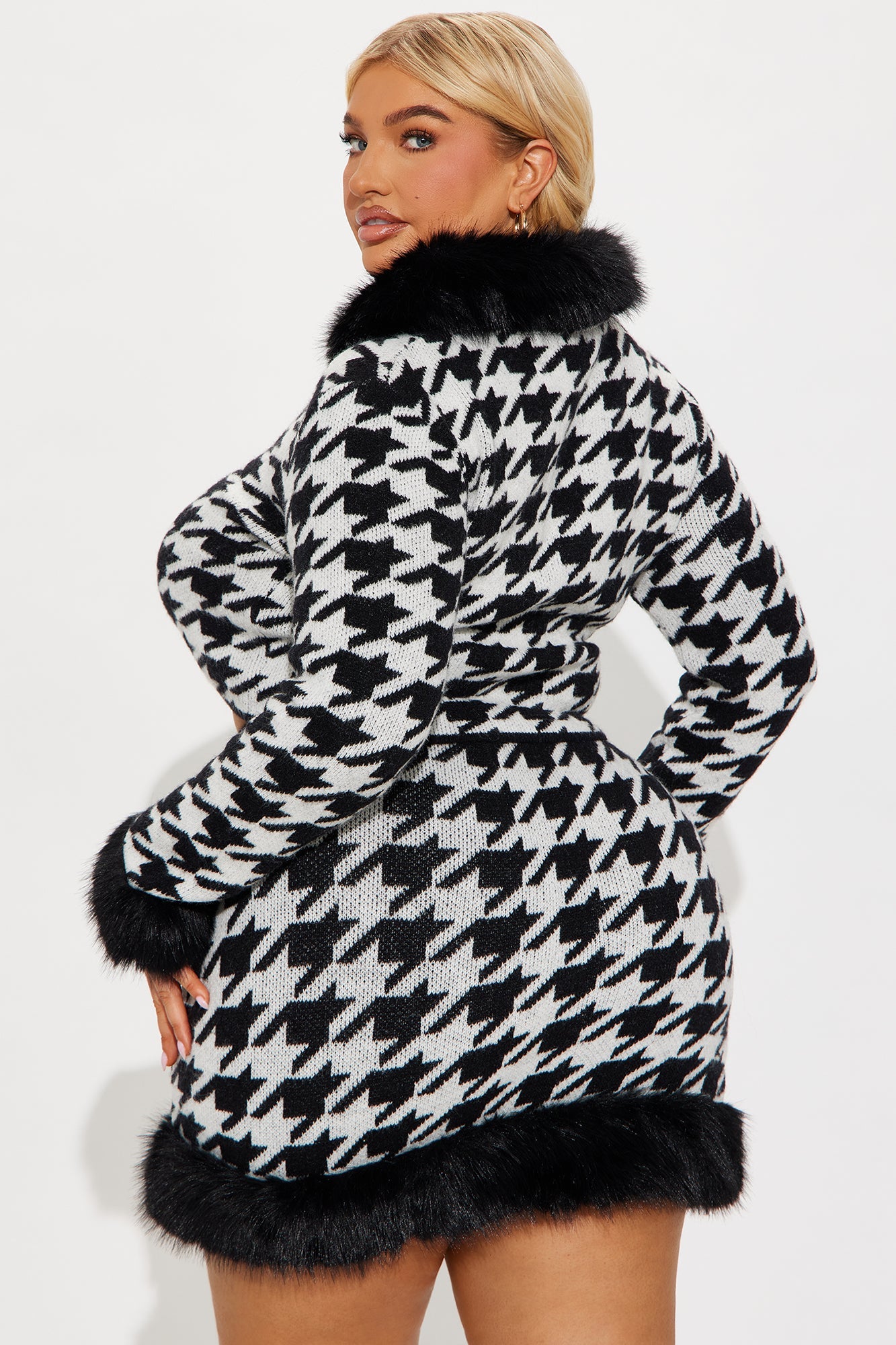 Cher Fur Trim Cardigan Sweater Skirt Set - Black