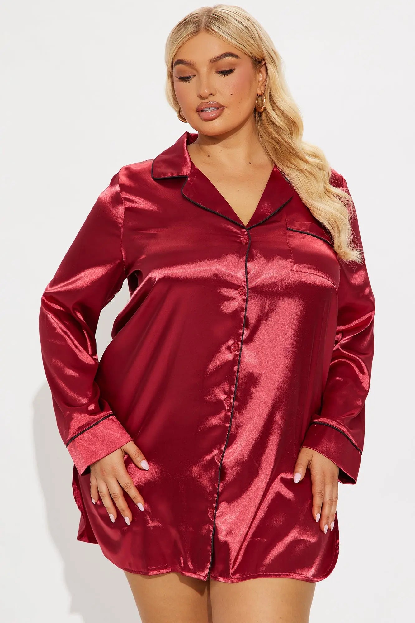 Bedtime Satin Long Sleeve PJ Sleep Shirt - DarkRed 