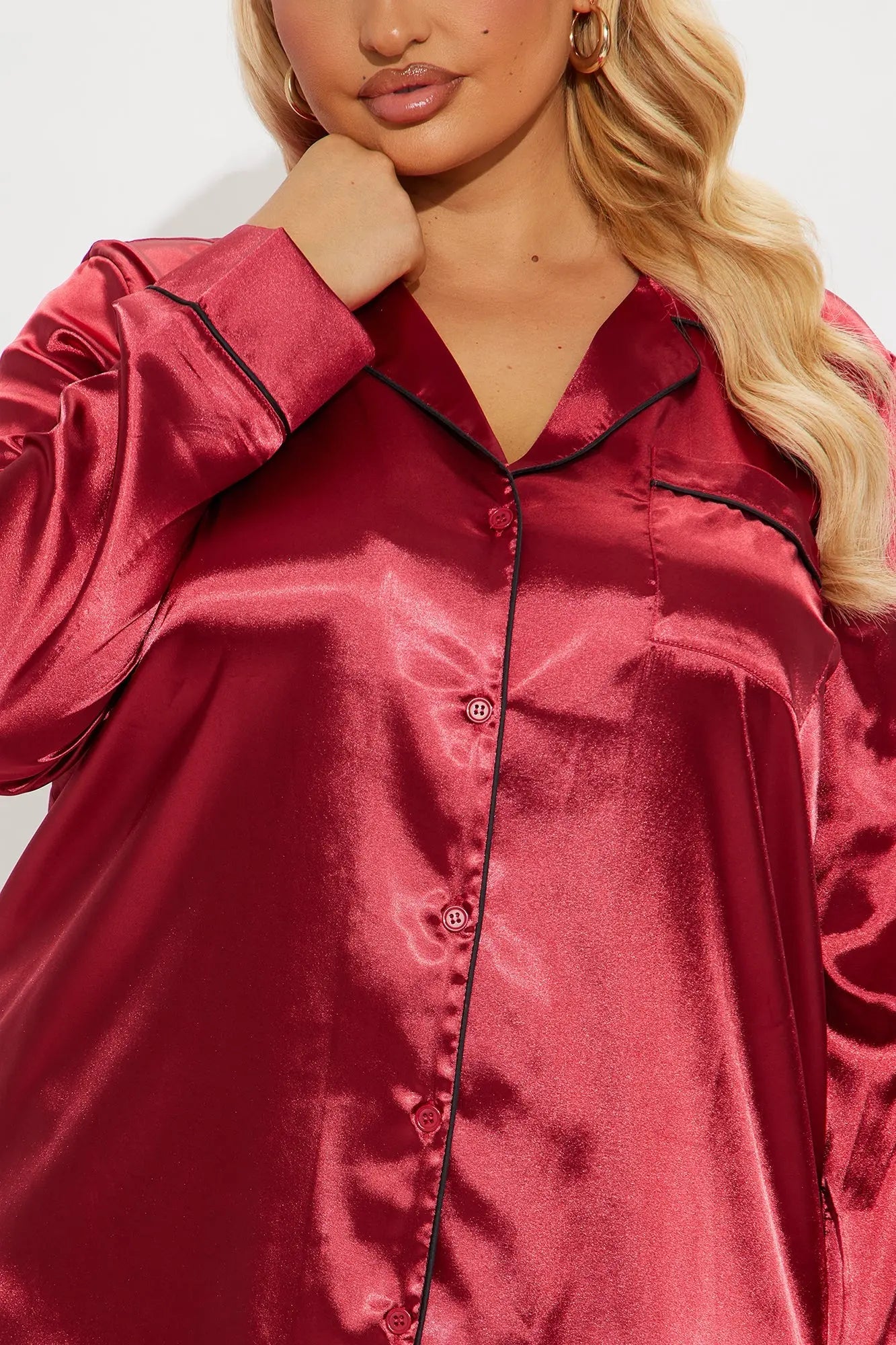 Bedtime Satin Long Sleeve PJ Sleep Shirt - DarkRed 