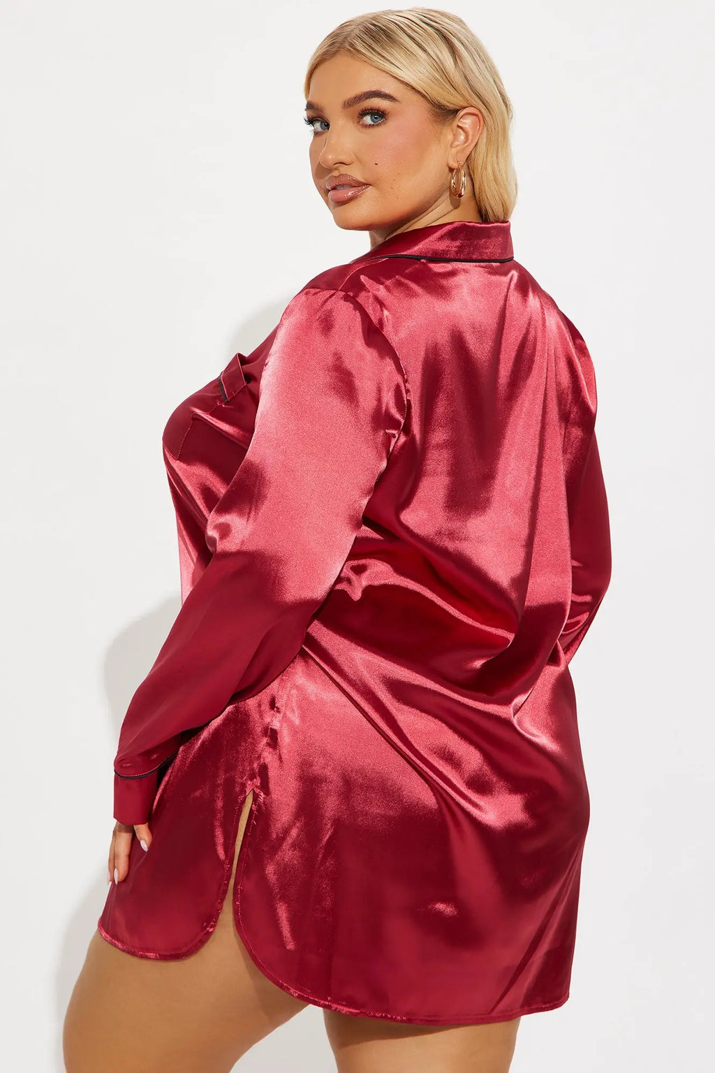 Bedtime Satin Long Sleeve PJ Sleep Shirt - DarkRed 