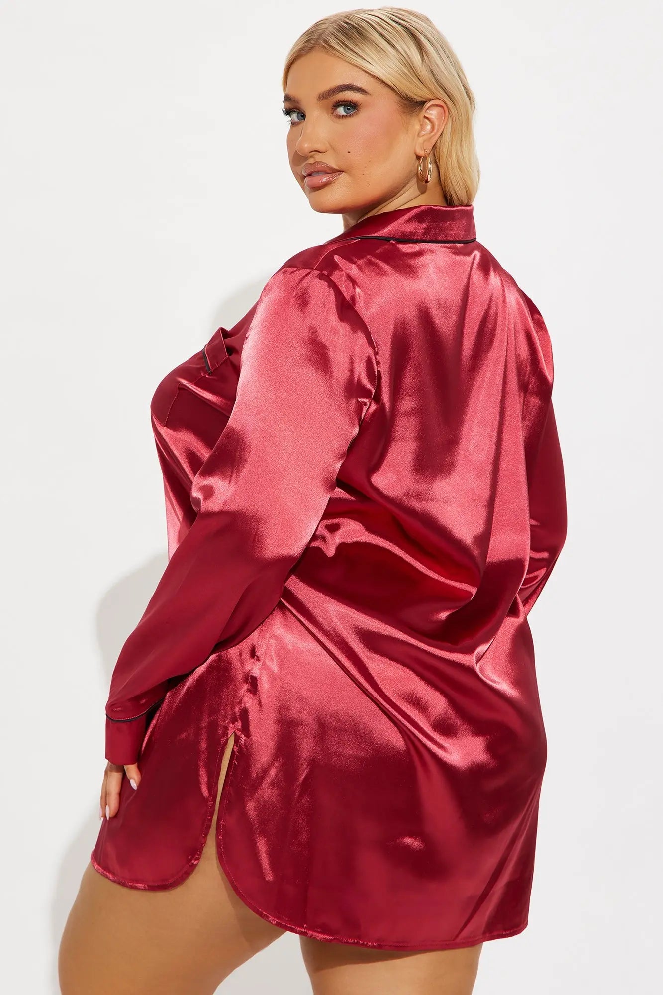 Bedtime Satin Long Sleeve PJ Sleep Shirt - DarkRed 