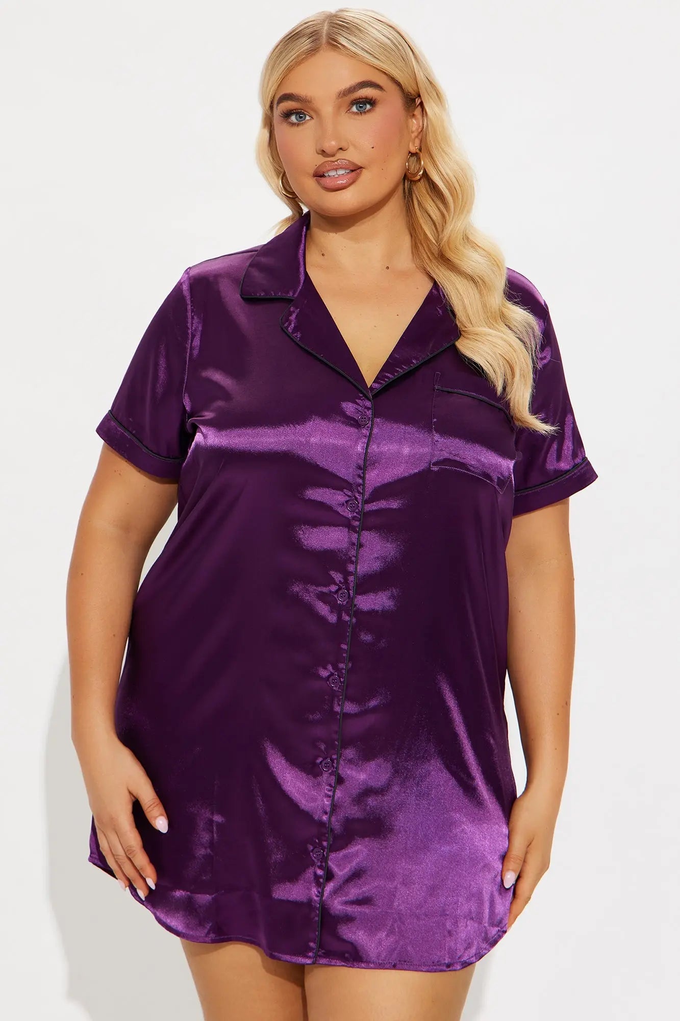 Bedtime Satin Short Sleeve PJ Sleep Shirt - Eggplant 
