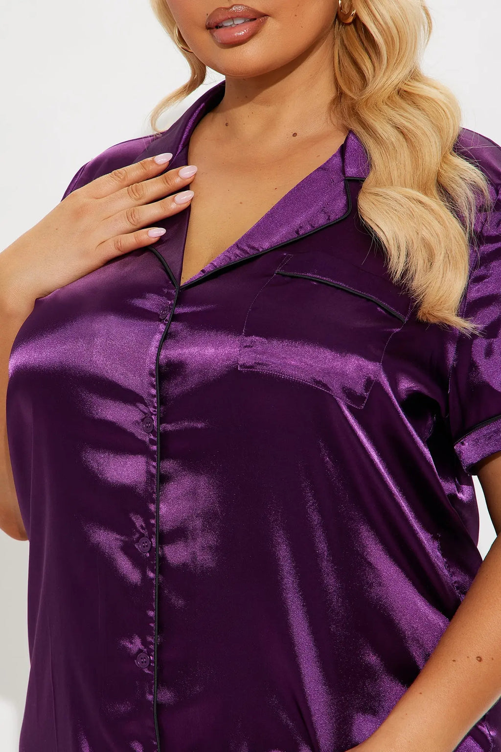 Bedtime Satin Short Sleeve PJ Sleep Shirt - Eggplant 
