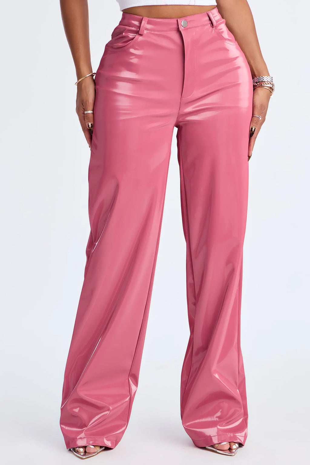 Imani Shimmer Faux Leather Wide Leg Pant 33″ - Pink 