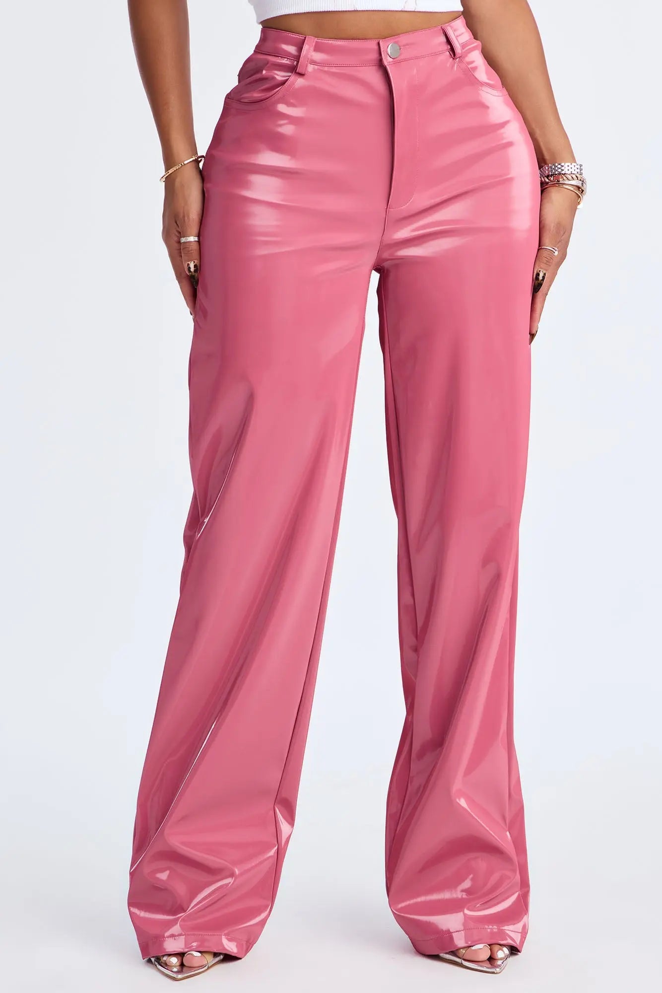 Imani Shimmer Faux Leather Wide Leg Pant 33″ - Pink 