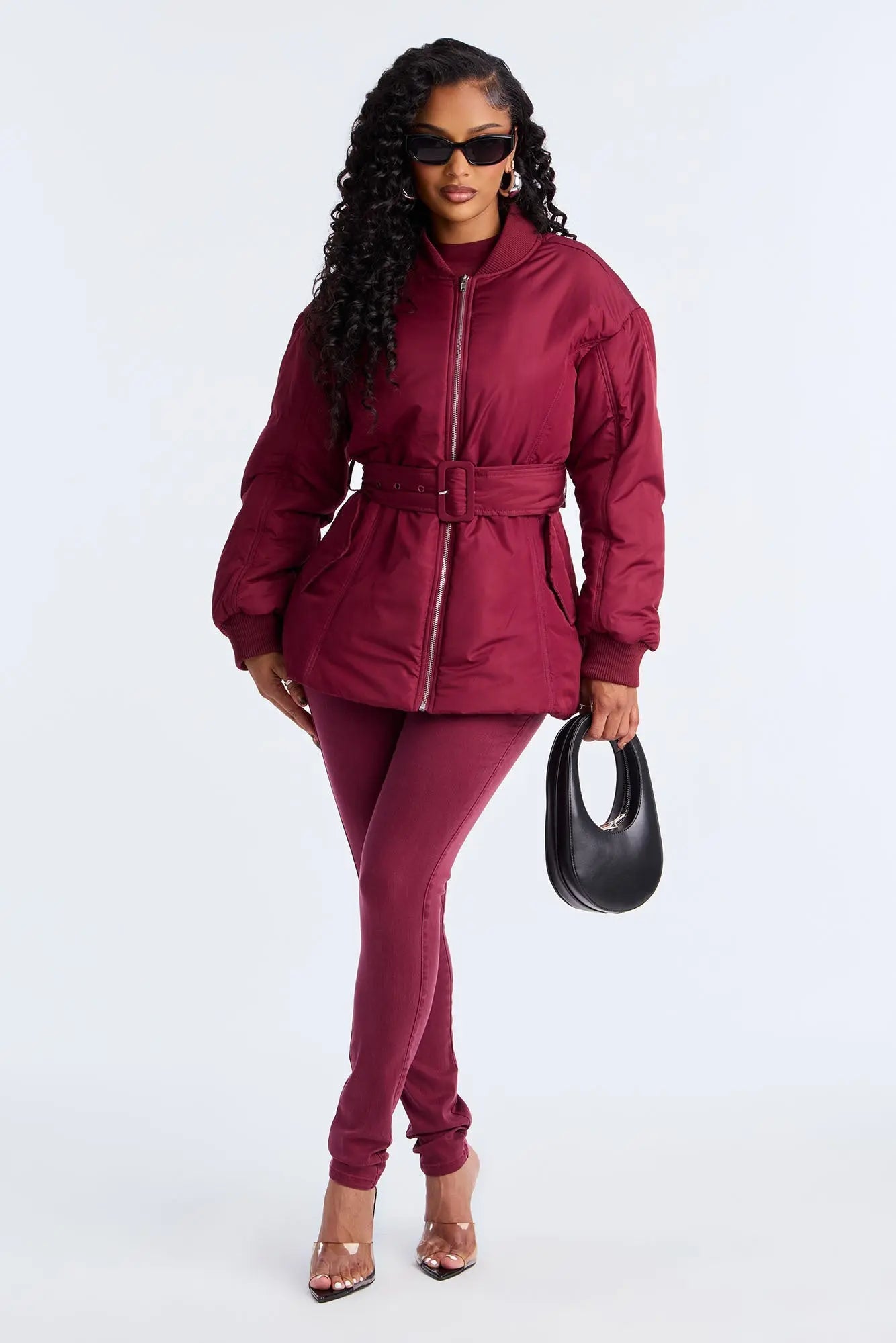 Giana Belted Puffer Jacket - Burgundy 