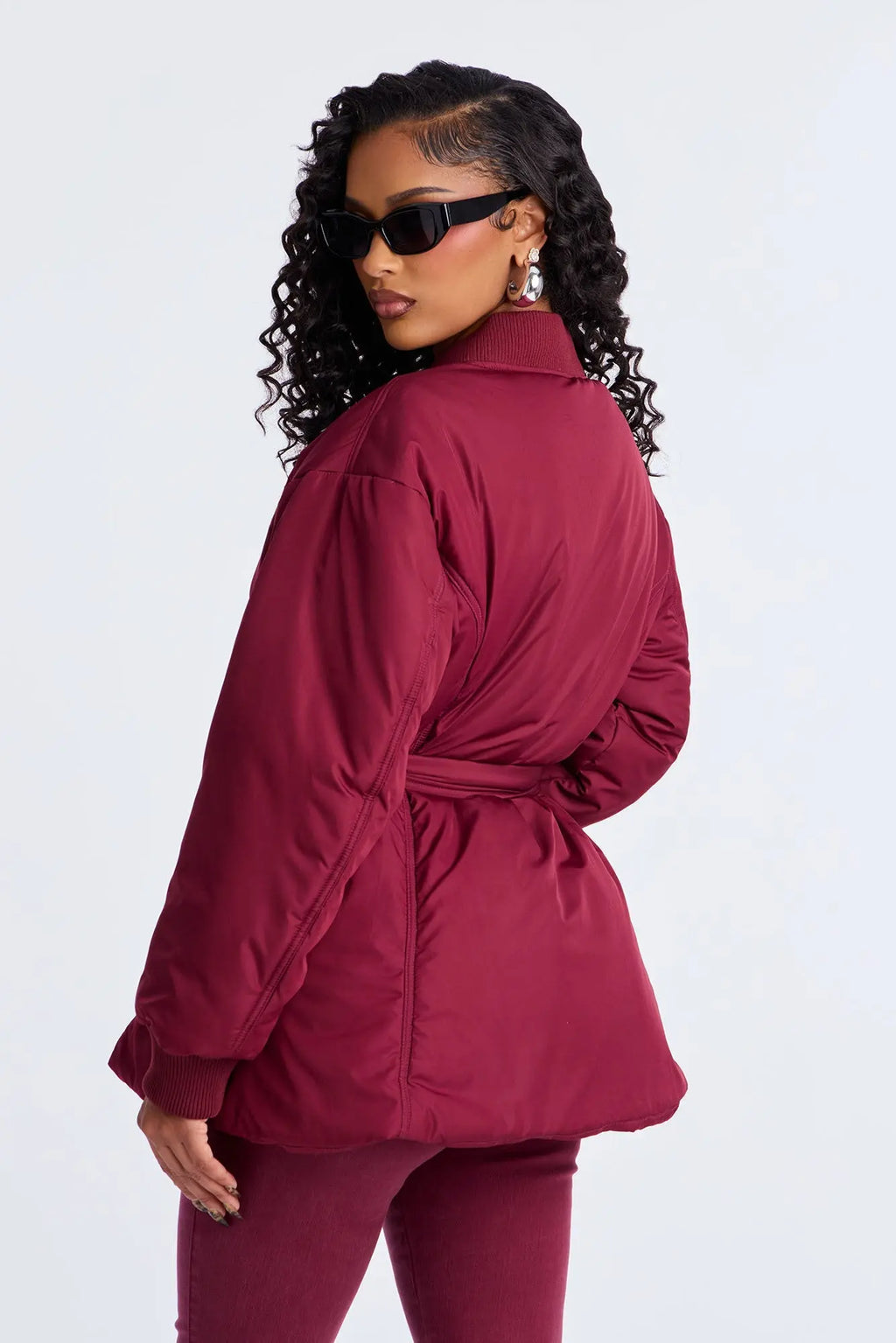 Giana Belted Puffer Jacket - Burgundy 