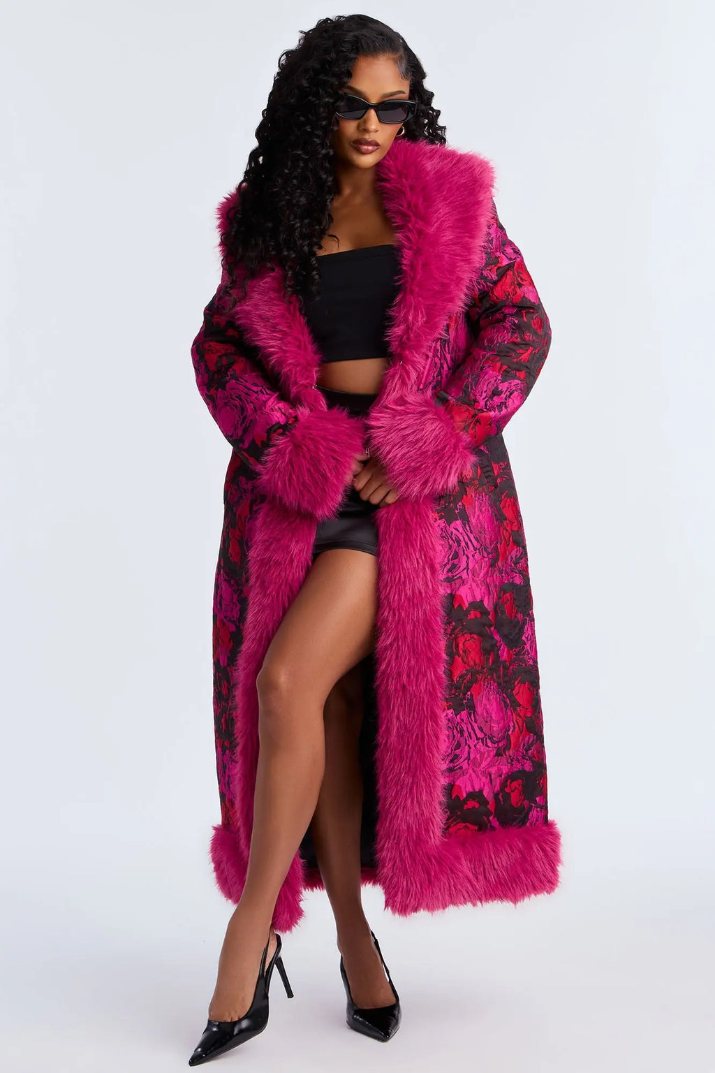 Becoming Richer Jacquard Fur Trim Coat - Magenta 