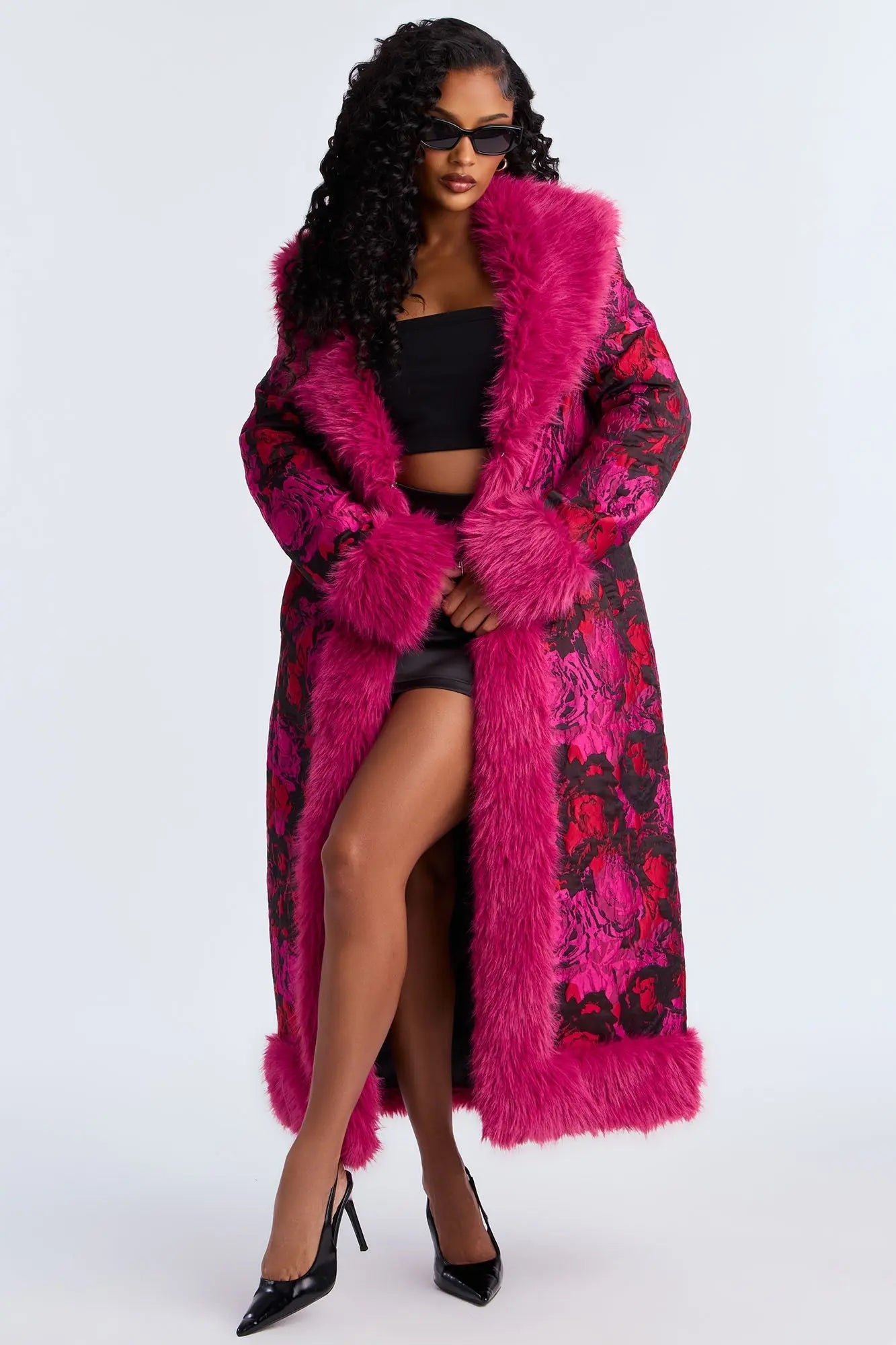 Becoming Richer Jacquard Fur Trim Coat - Magenta 
