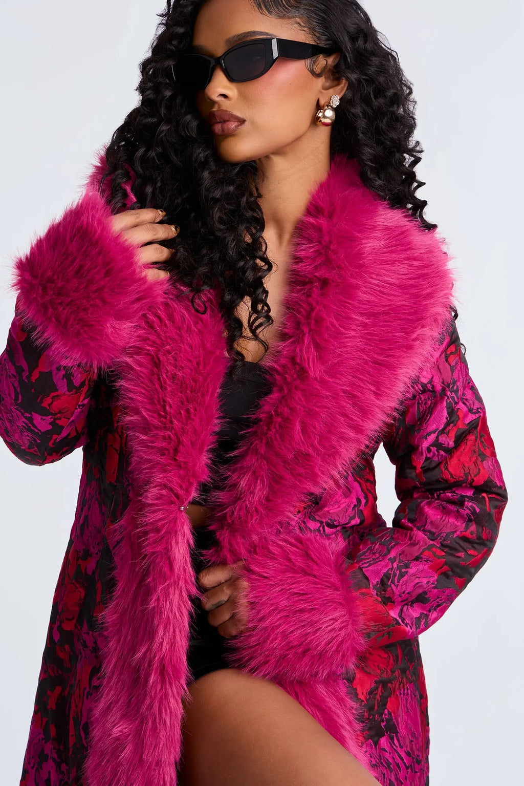 Becoming Richer Jacquard Fur Trim Coat - Magenta 