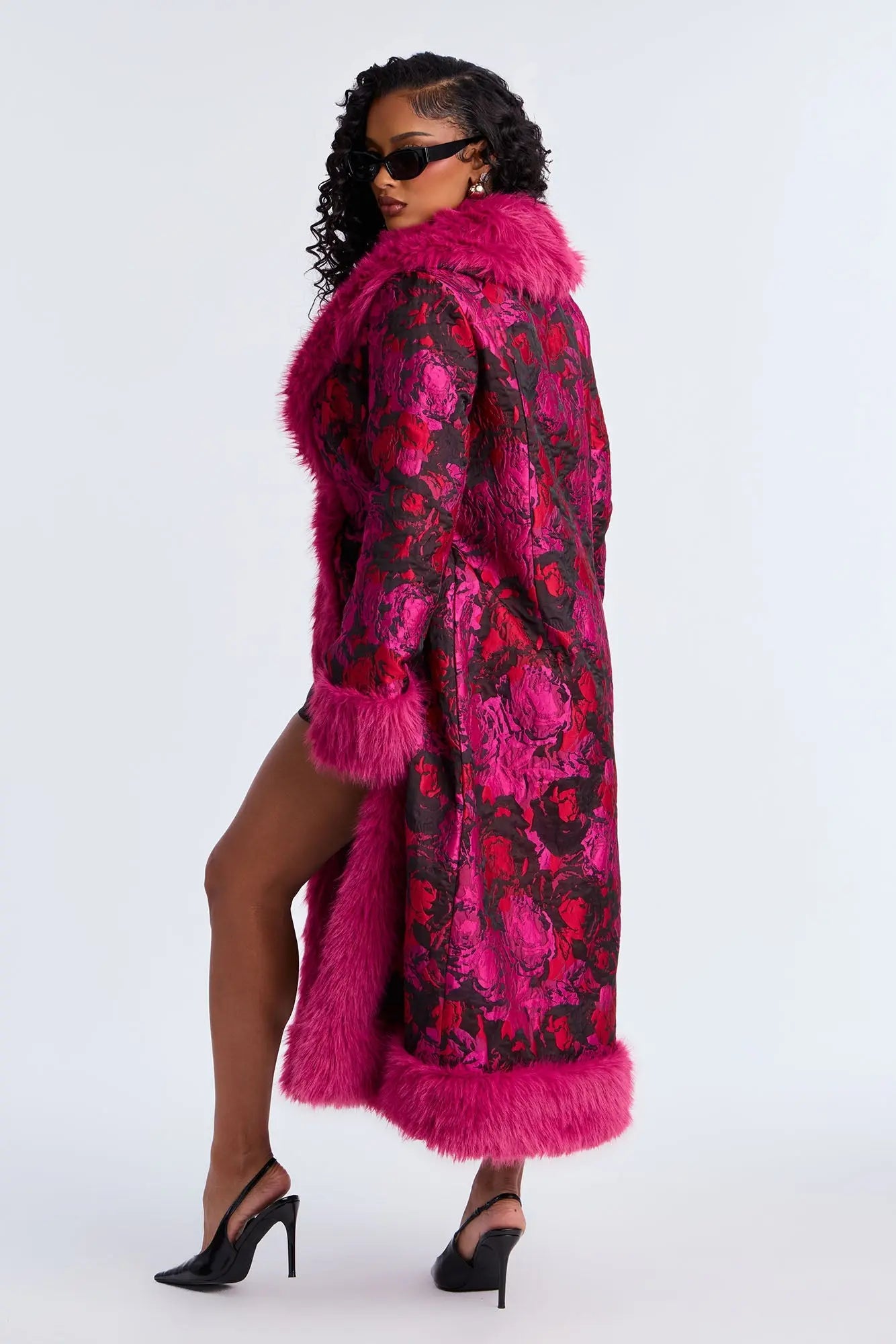 Becoming Richer Jacquard Fur Trim Coat - Magenta 