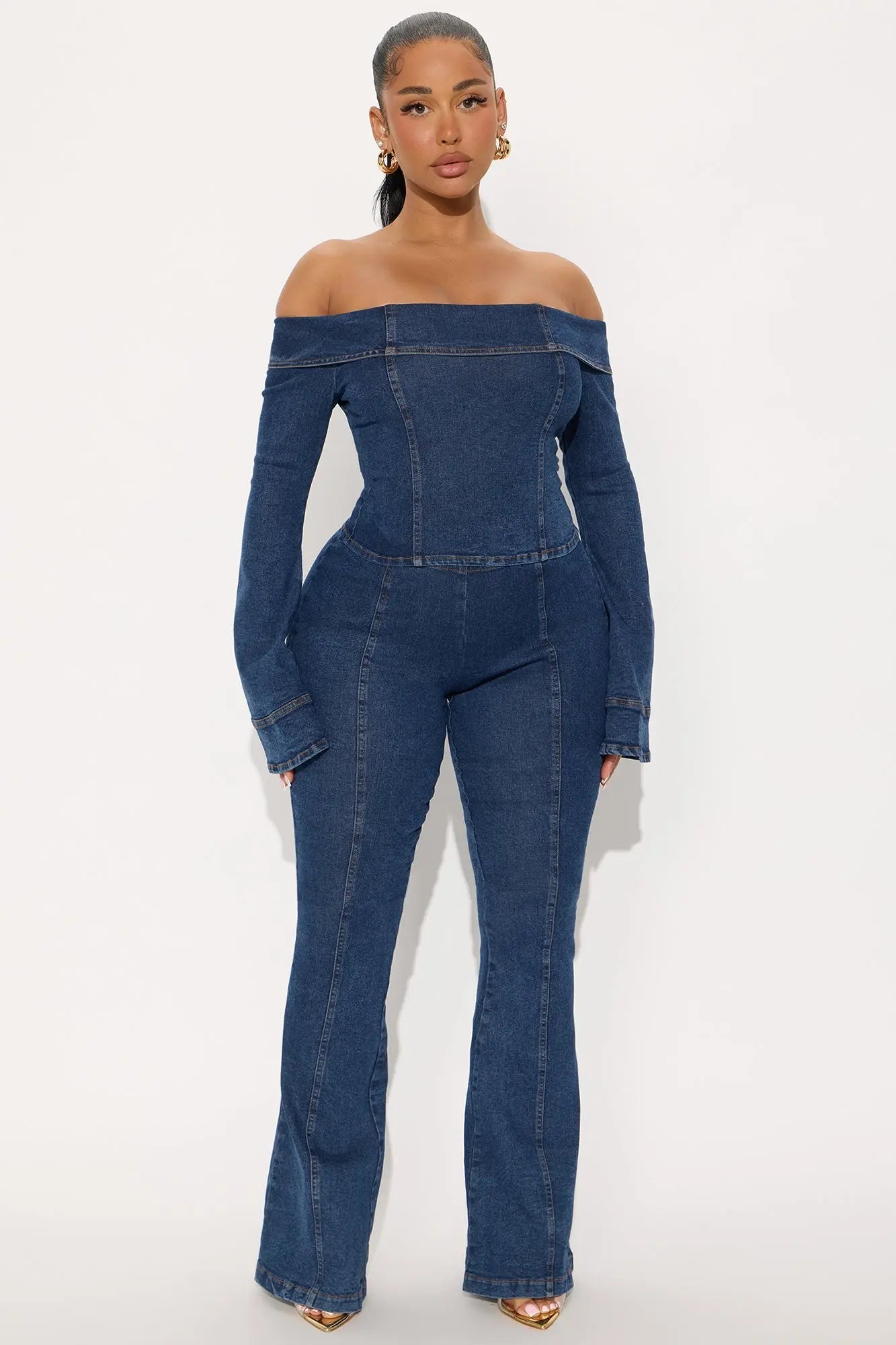 City Lights Off Shoulder Denim Flare Pant Set - Medium Wash 