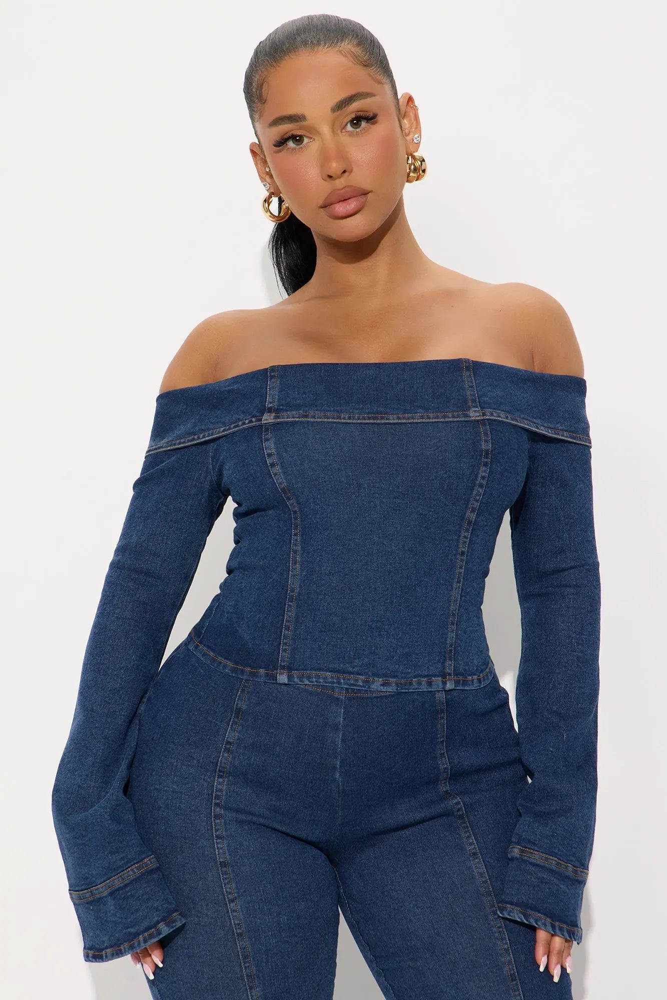 City Lights Off Shoulder Denim Flare Pant Set - Medium Wash 