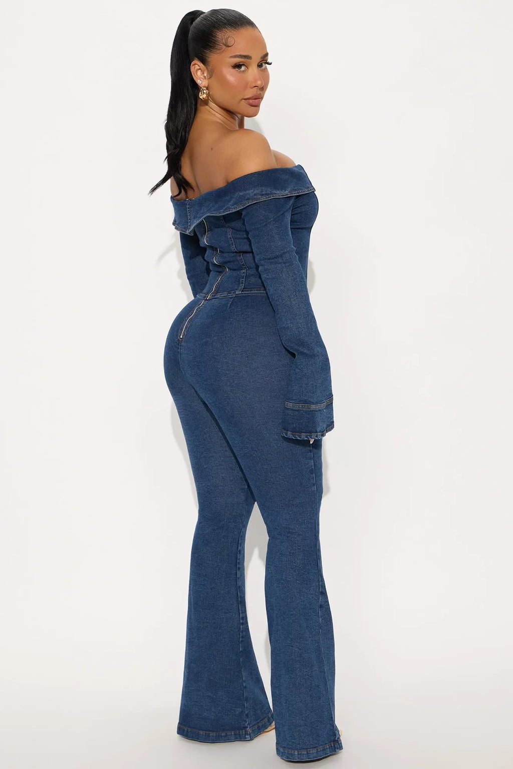 City Lights Off Shoulder Denim Flare Pant Set - Medium Wash 