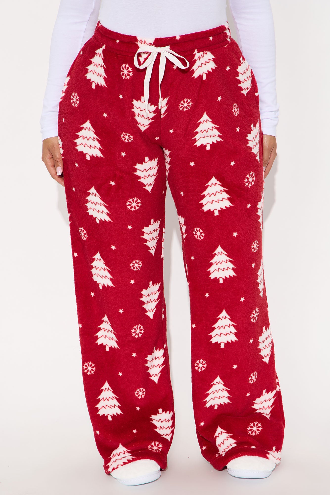 Snow Covered Trees Matching Family Plush PJ Pants - Red/White
