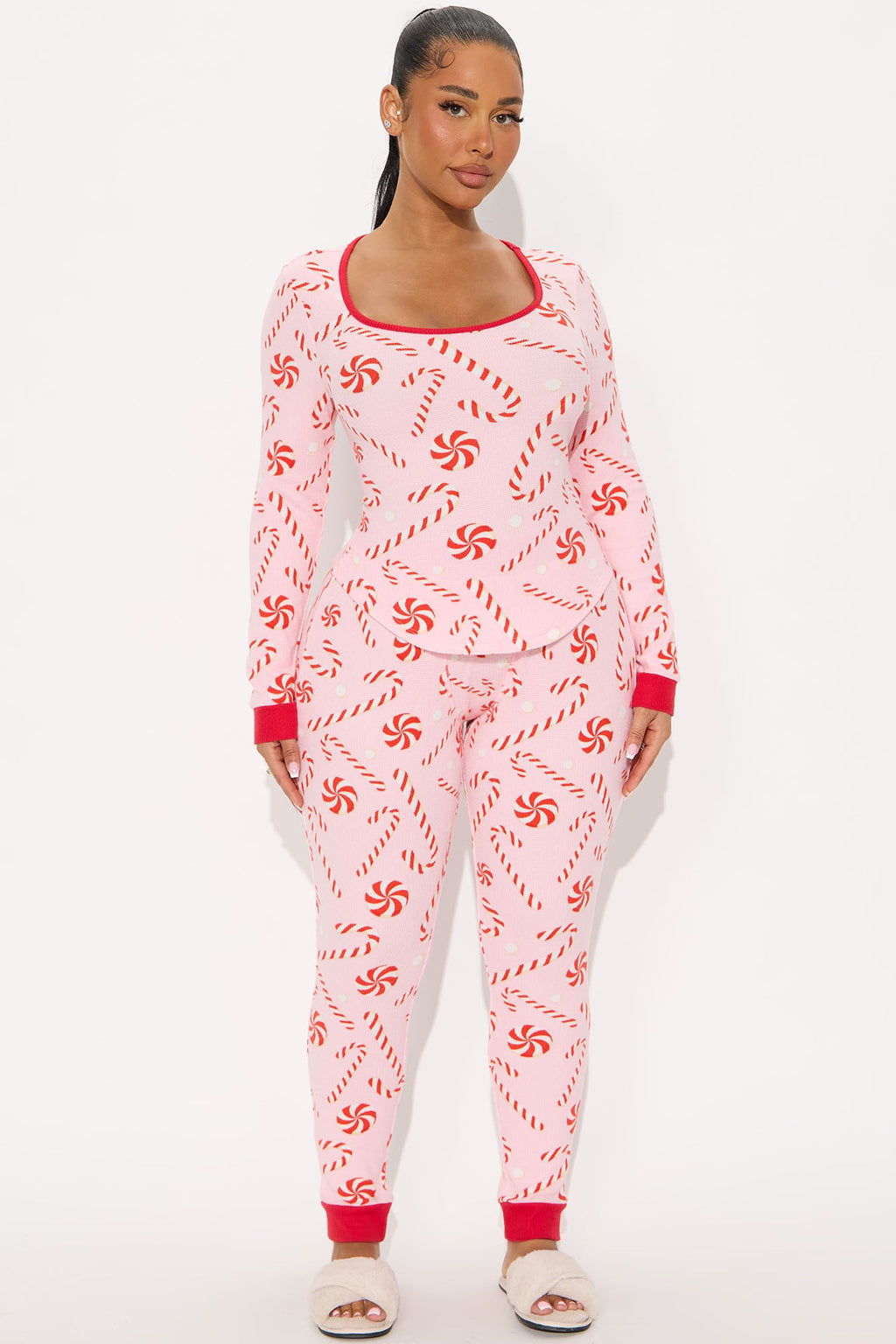 Candy Cane Season Waffle Long Sleeve PJ Pant Set - Pink/combo