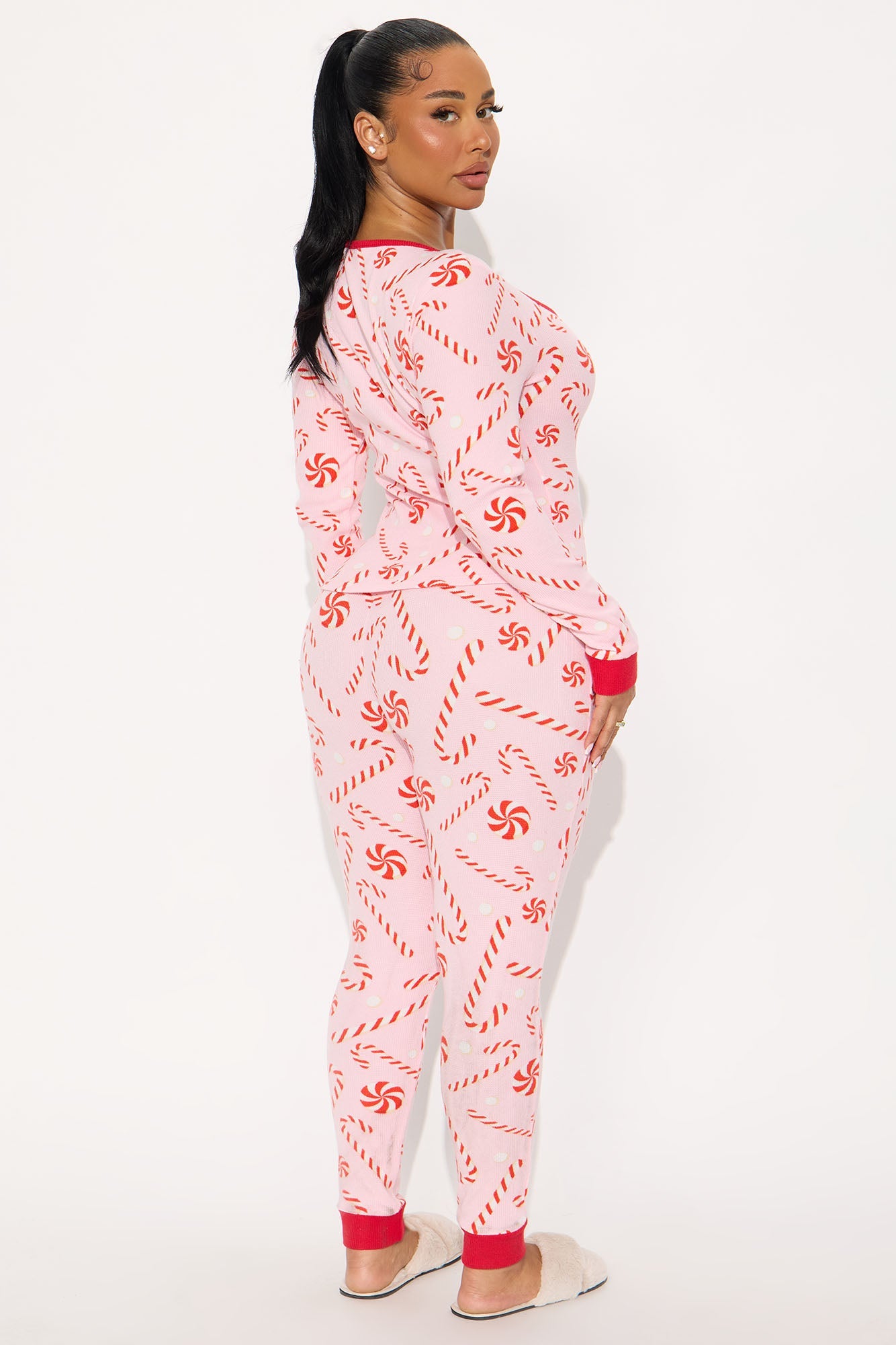 Candy Cane Season Waffle Long Sleeve PJ Pant Set - Pink/combo