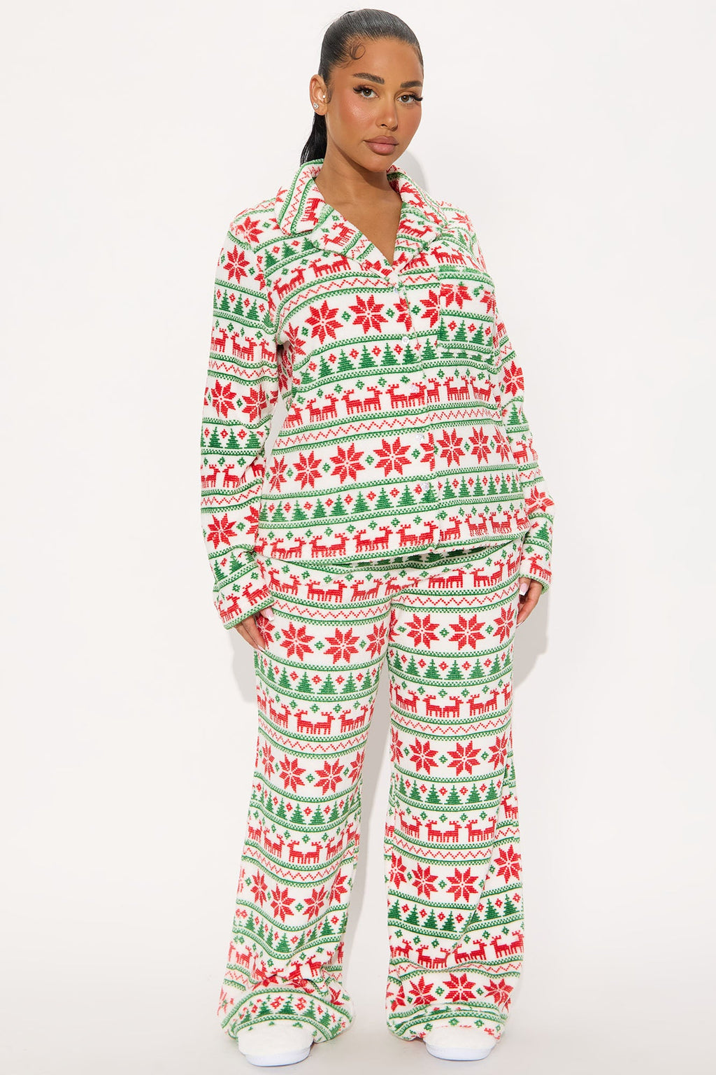 Feels Like Christmas Plush Long Sleeve PJ Pant Set - White/combo
