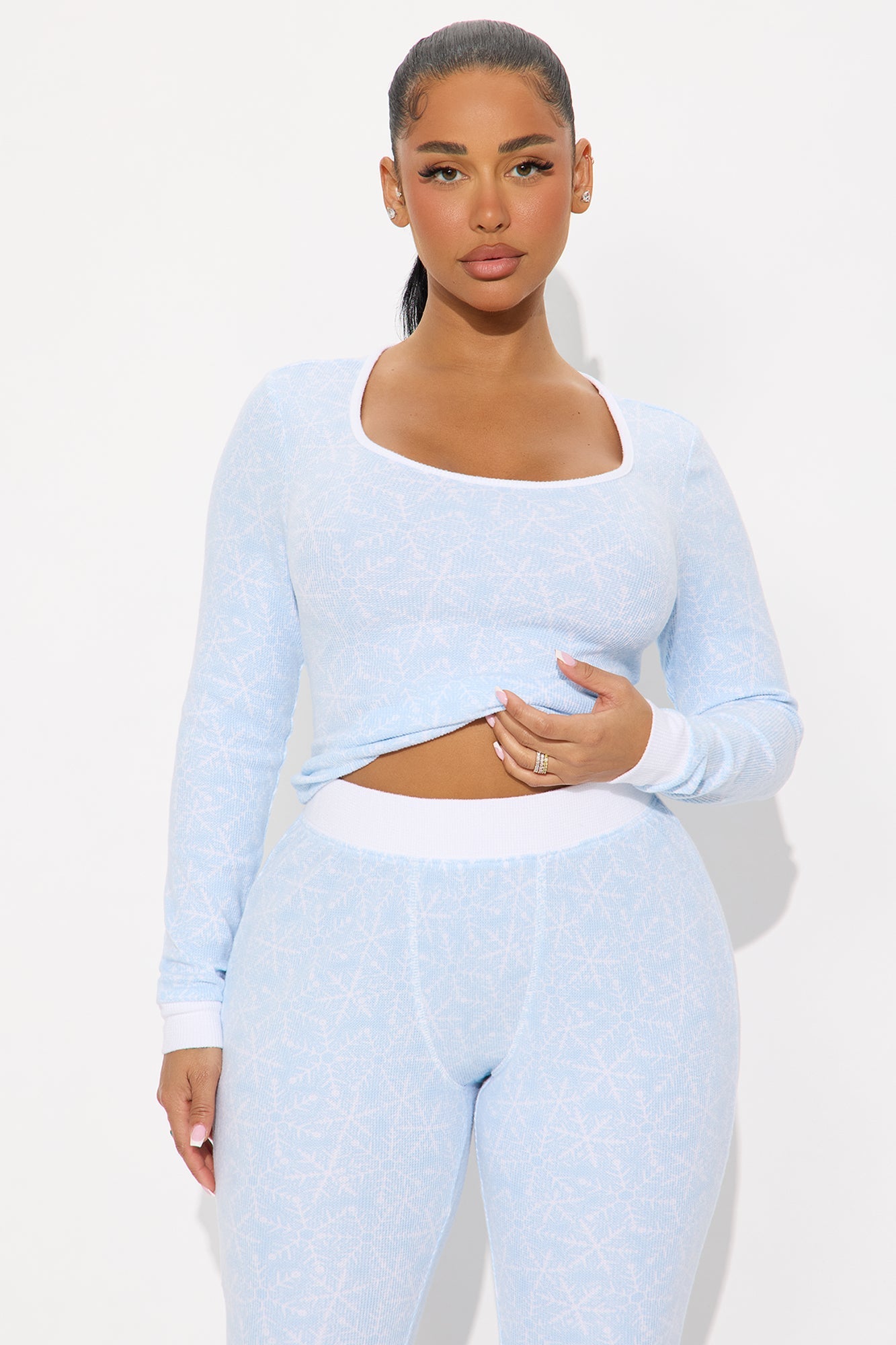 Snowflake Cutie Waffle Long Sleeve PJ Pant Set - Light Blue