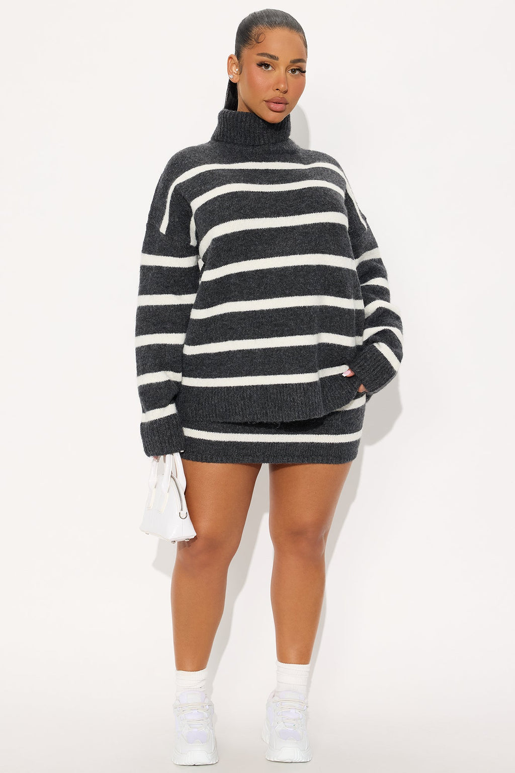 Mackenzie Striped Turtle Neck Sweater Skirt Set - Charcoal