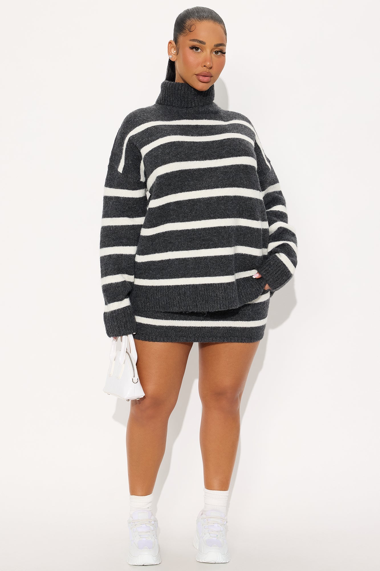 Mackenzie Striped Turtle Neck Sweater Skirt Set - Charcoal
