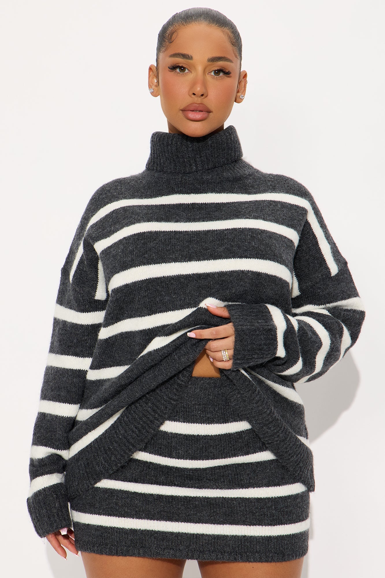 Mackenzie Striped Turtle Neck Sweater Skirt Set - Charcoal
