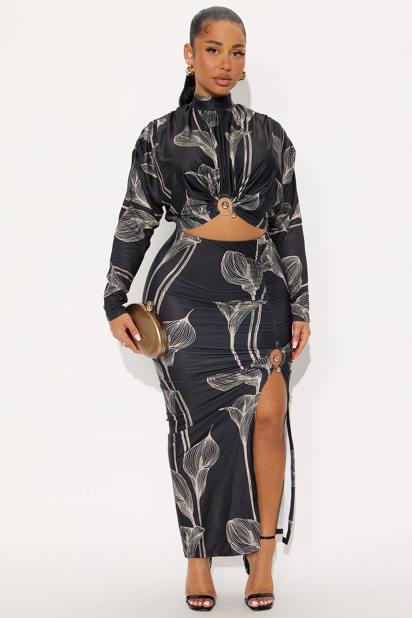 Verona Floral Long Sleeve Midi Skirt Set - Black/combo