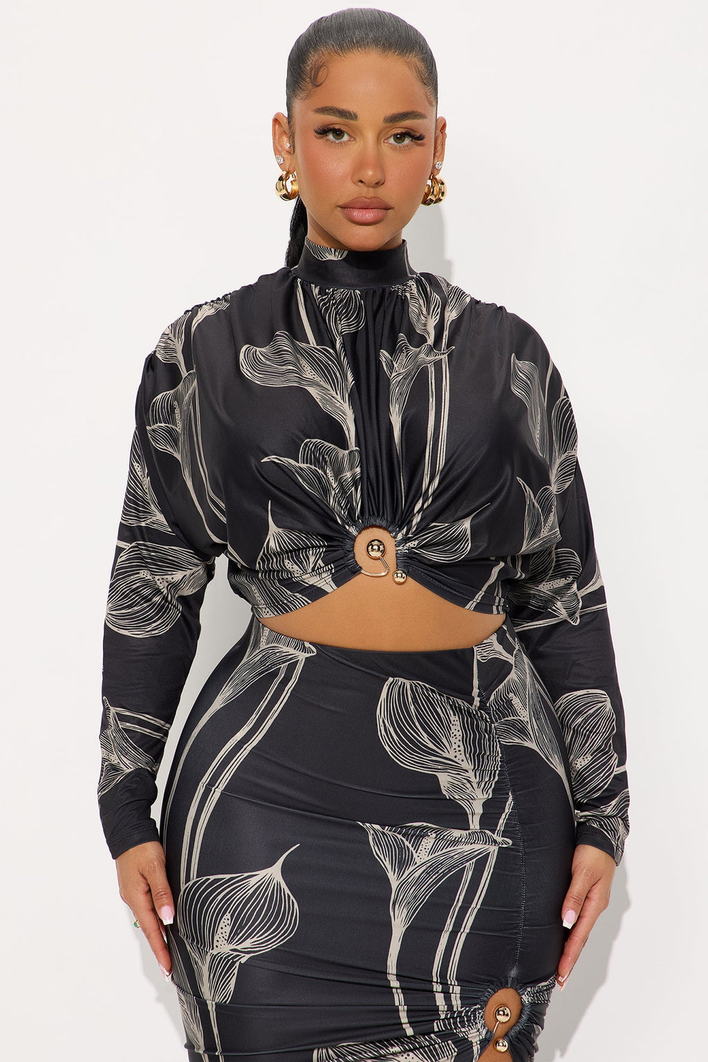 Verona Floral Long Sleeve Midi Skirt Set - Black/combo