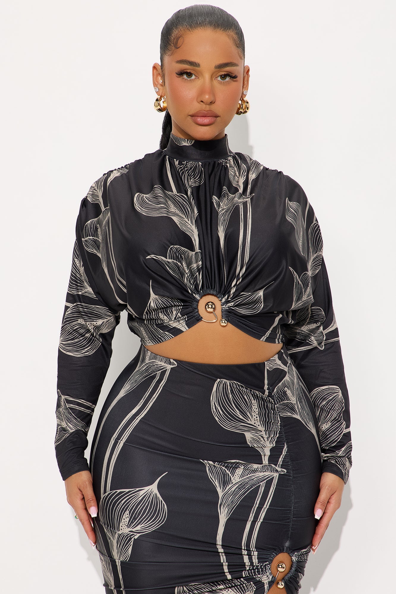 Verona Floral Long Sleeve Midi Skirt Set - Black/combo