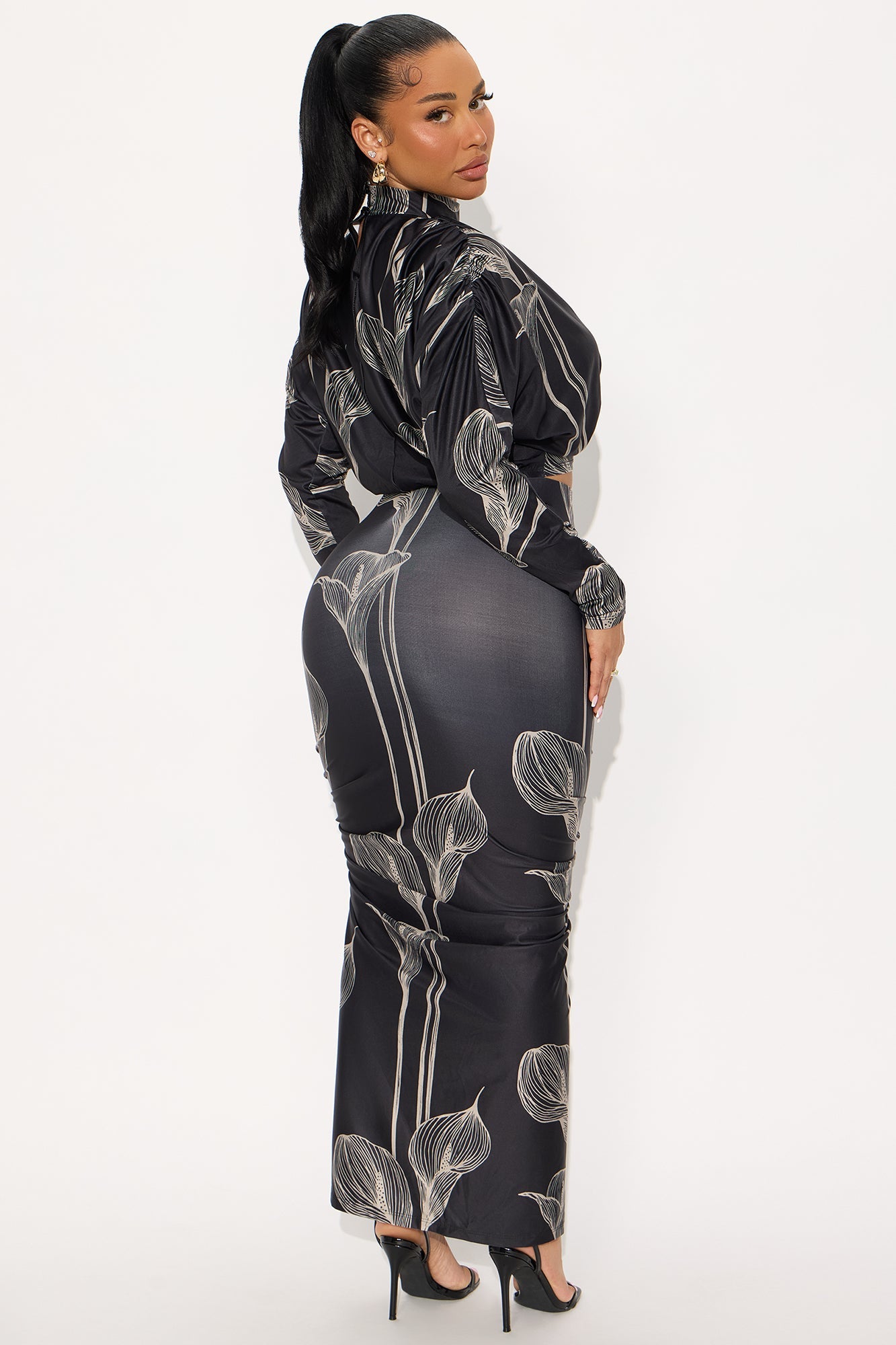 Verona Floral Long Sleeve Midi Skirt Set - Black/combo
