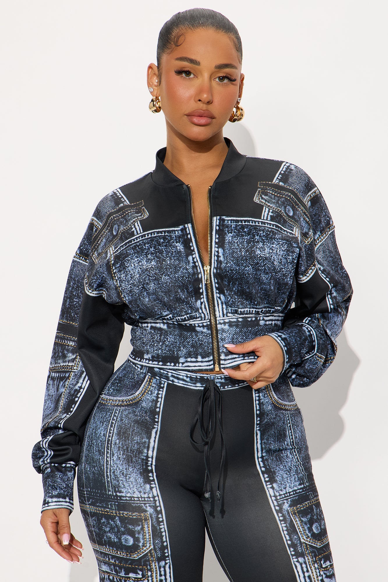 Give Me Details Denim Print Jacket Pant Set - Black/combo 