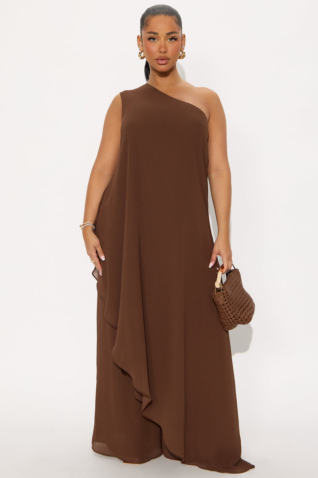 Something Special Draped Asymmetrical Chiffon Pant Set - Chocolate 