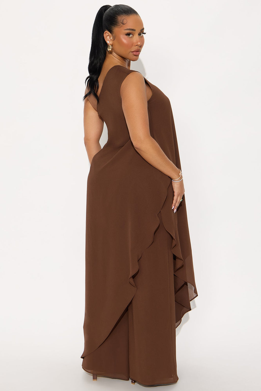 Something Special Draped Asymmetrical Chiffon Pant Set - Chocolate 